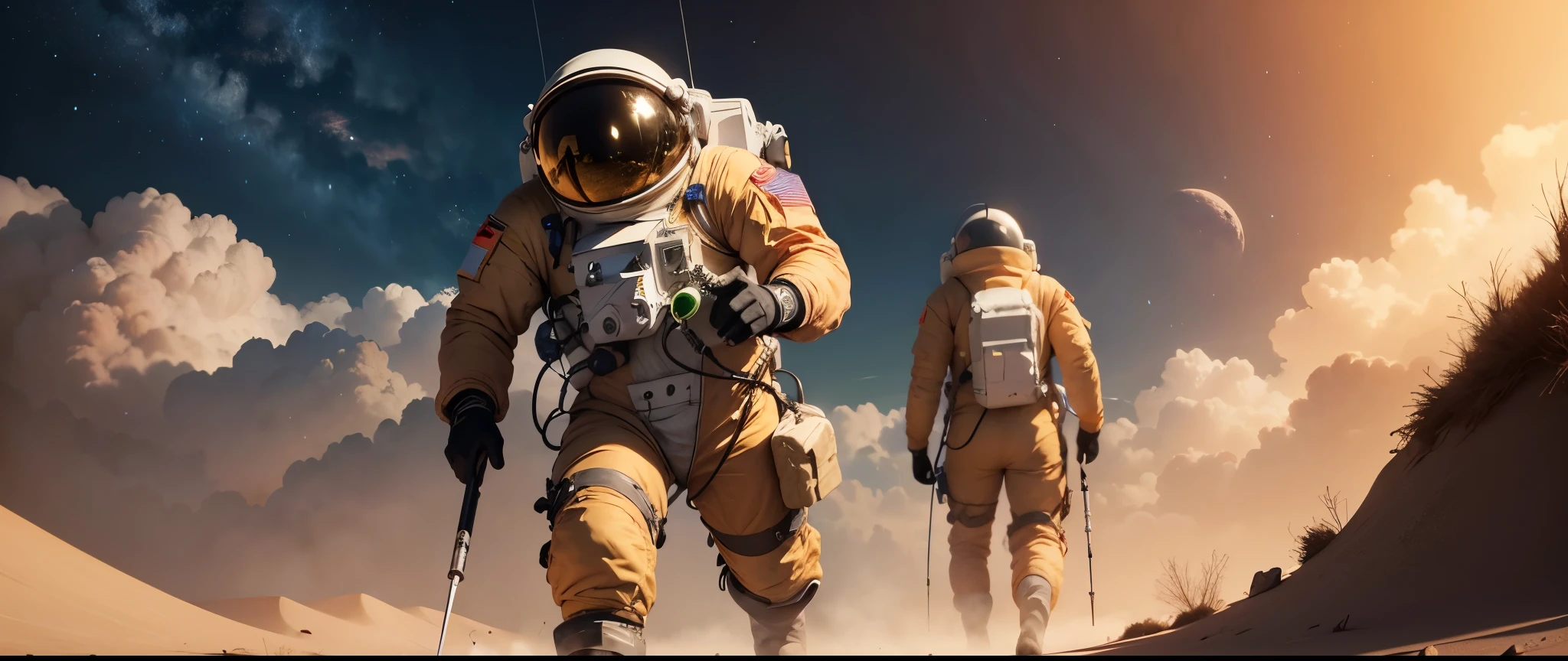 Chinese astronauts collecting soil samples on the moon. Ultra-wide visual, Hollywood sci-fi movie style, greenish-orange color palette, mysterious, techno-science fiction. Photographic --auto --s2