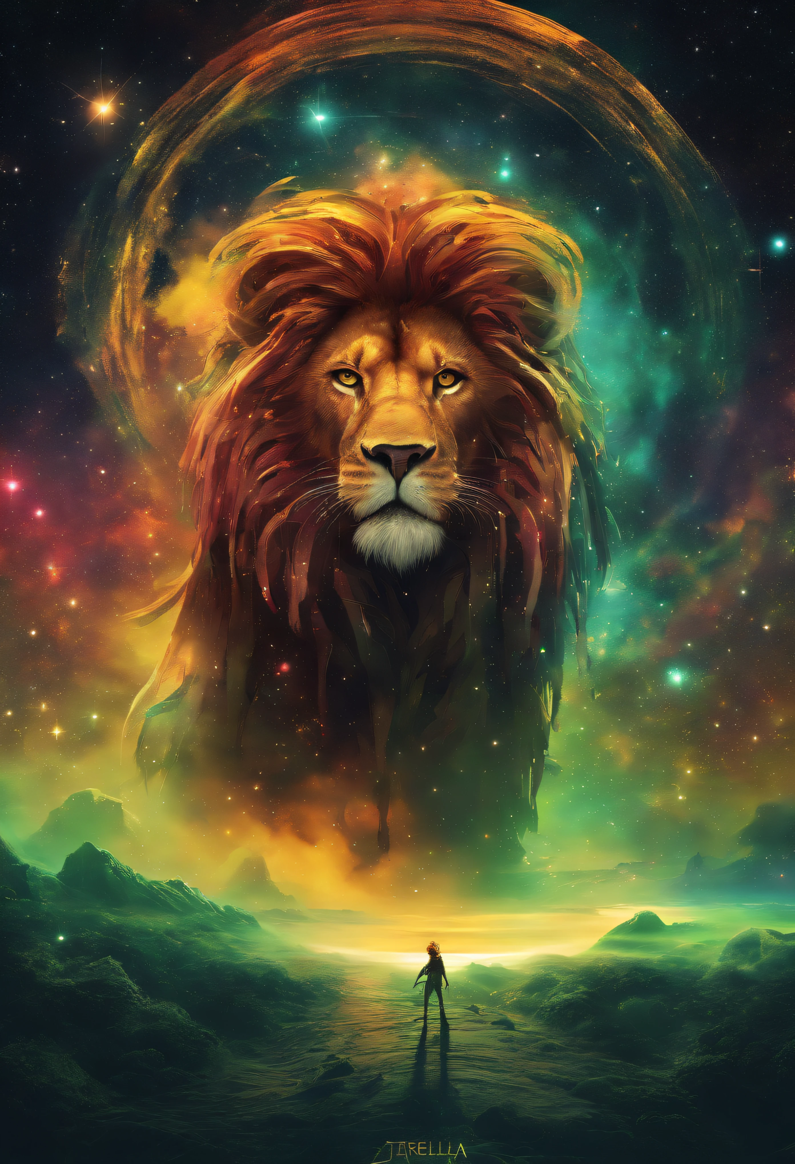 dreamlike art, galaxy, outer space, nebula, Muitas estrelas, (Rastafari cores, verde, vermelho e amarelo), Lion of the Stars with Dreadlocks roaming the universe(estrela:1.5),