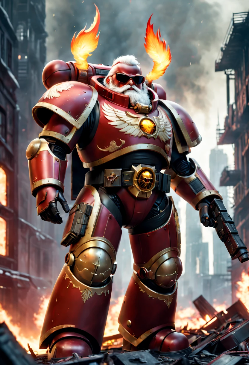 Warhammer 40K universe,santa claus,Mechanical suit of red and gold armor,sparkly red color sunglasses,Intense war-like environment,Destroyed buildings and flames,The background is a futuristic cityscape,Santa hat,severe and threatening atmosphere,Sci-fi cyberpunk aesthetics,High contrast and desaturated tones,Dramatic and dynamic lighting effec quality,4k,highres,masterpiece:1.2),ultra-detailed,(realistic,photorealistic,photo-realistic:1.37)