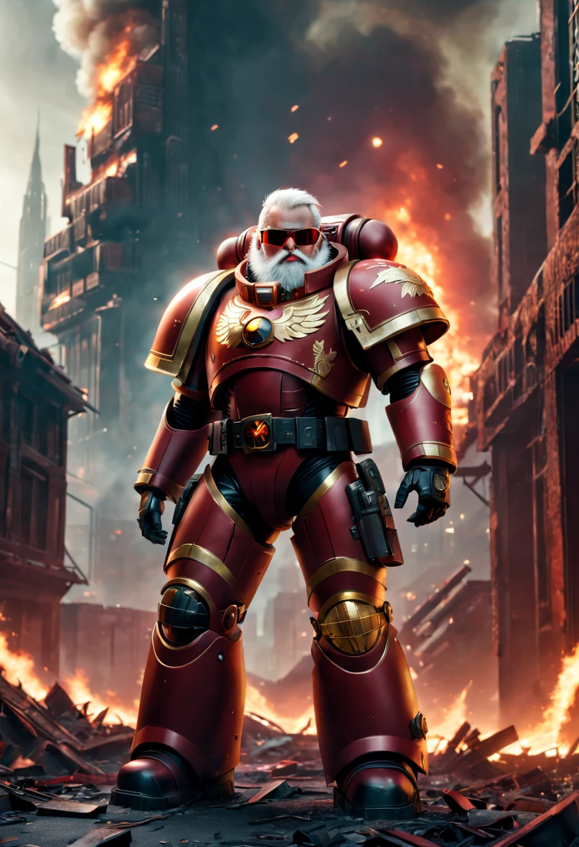 Warhammer 40K universe,santa claus,Mechanical suit of red and gold armor,sparkly red color sunglasses,Intense war-like environment,Destroyed buildings and flames,The background is a futuristic cityscape,Santa hat,severe and threatening atmosphere,Sci-fi cyberpunk aesthetics,High contrast and desaturated tones,Dramatic and dynamic lighting effec quality,4k,highres,masterpiece:1.2),ultra-detailed,(realistic,photorealistic,photo-realistic:1.37)