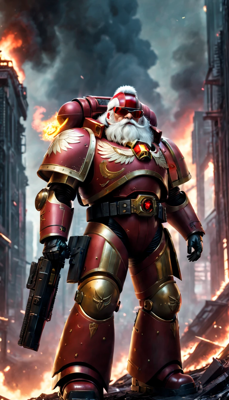 Warhammer 40K universe,santa claus,Mechanical suit of red and gold armor,sparkly red color sunglasses,Intense war-like environment,Destroyed buildings and flames,The background is a futuristic cityscape,Santa hat,severe and threatening atmosphere,Sci-fi cyberpunk aesthetics,High contrast and desaturated tones,Dramatic and dynamic lighting effec quality,4k,highres,masterpiece:1.2),ultra-detailed,(realistic,photorealistic,photo-realistic:1.37)
