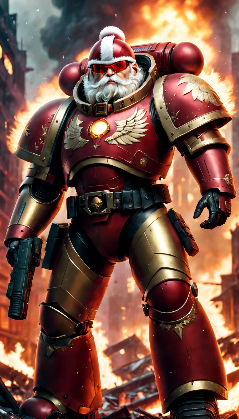 Warhammer 40K universe,santa claus,Mechanical suit of red and gold armor,sparkly red color sunglasses,Intense war-like environment,Destroyed buildings and flames,The background is a futuristic cityscape,Santa hat,severe and threatening atmosphere,Sci-fi cyberpunk aesthetics,High contrast and desaturated tones,Dramatic and dynamic lighting effec quality,4k,highres,masterpiece:1.2),ultra-detailed,(realistic,photorealistic,photo-realistic:1.37)