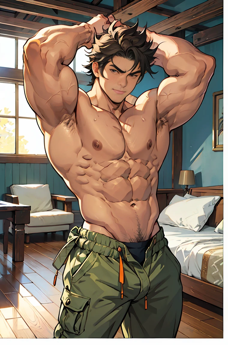 show off thick arms to the audience,huge body shape,The background is an interior with vintage furniture, vintage wooden floors and soft quilts spread throughout.,closeup of arms,Shoulders exposed,Stout arms,Shoulders very broad,Muscles protrude a lot,Bulging crotch,Highest image quality,Pessoas do sexo masculino,Child,1 ,jovem e bonito,Shoun,Cabelo liso curto,Pele escura,Anime peito grande,anime wallpaper,sozinho,Foco Masculino,cuecas,Dilation of the pectoral muscles,capa vermelhirilha saliente,Fundo Urbano,Espalhe as pernas,sexy,(master part, best quality),meias brancas longaotas Red Martin,((Exaggerated bulge of muscles)),