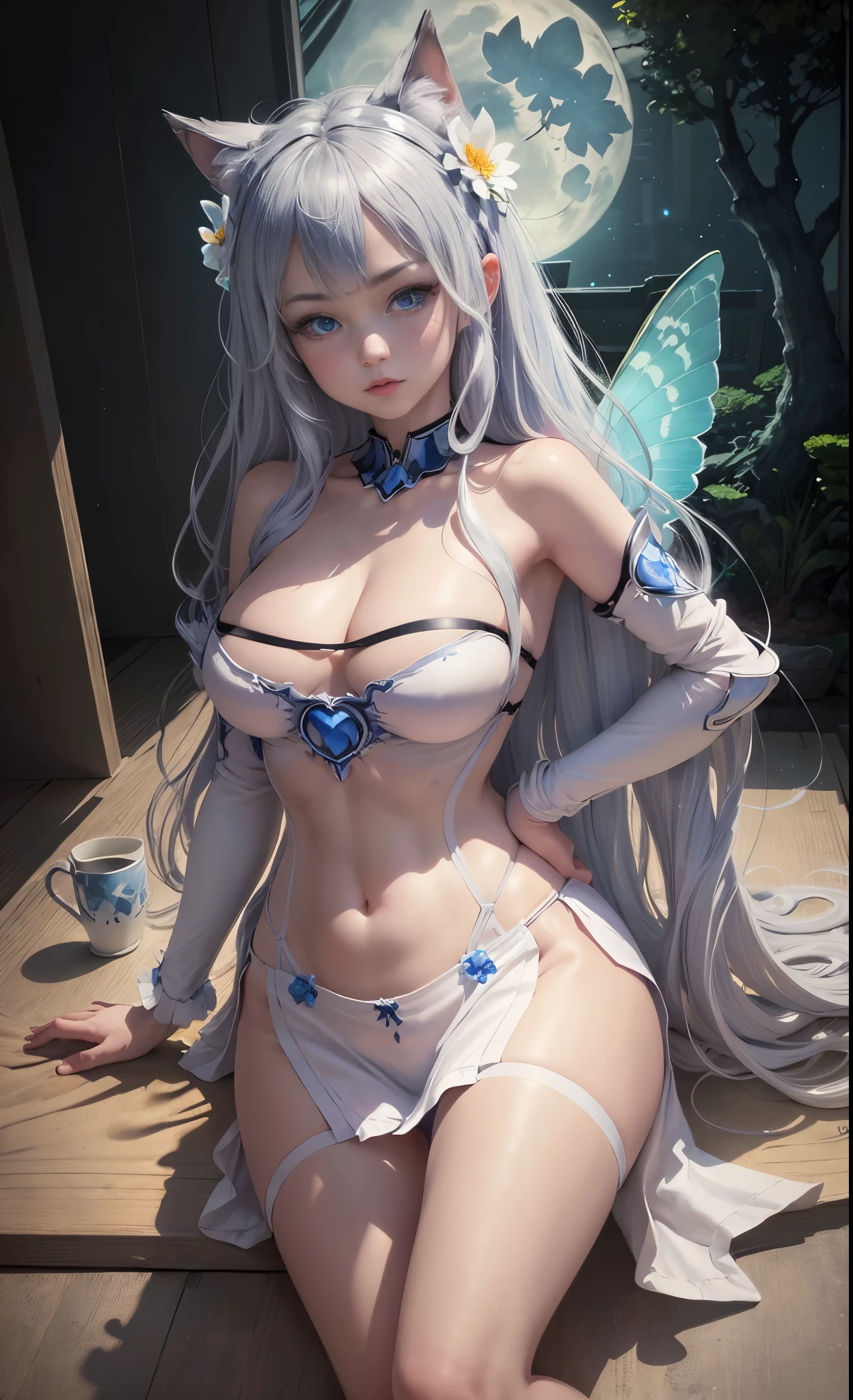 the hair,Nice face,blue bikini armor,Heterochromatic pupil,fully body photo,half moon,under moonlight,(tmasterpiece:1.1),(Best quality:1.1),(HighDynamicRange:1),ambient light,Super quality,( Super detailed original image),(1 Sister, whole body part),((harajuku fashion)),((flower with human eyes, flower eyes)),double contact,A fusion of fluid abstract art,An error occurred,(Original illustration composition),(Limited color mixing, Minimalist art style, butterflys, artistically),