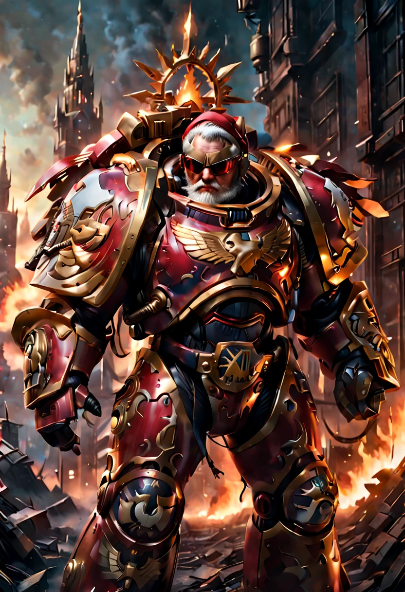 Warhammer 40K universe,santa claus,Mechanical suit of red and gold armor,sparkly red color sunglasses,Intense war-like environment,Destroyed buildings and flames,The background is a futuristic cityscape,Santa hat,severe and threatening atmosphere,Sci-fi cyberpunk aesthetics,High contrast and desaturated tones,Dramatic and dynamic lighting effec quality,4k,highres,masterpiece:1.2),ultra-detailed,(realistic,photorealistic,photo-realistic:1.37)