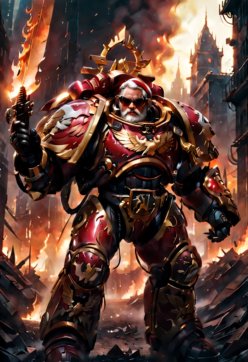 Warhammer 40K universe，santa claus，Mechanical suit of red and gold armor，sparkly red color sunglasses，Intense war-like environment，Destroyed buildings and flames，The background is a futuristic cityscape，Santa hat，severe and threatening atmosphere，Sci-fi cyberpunk aesthetics，High contrast and desaturated tones，Dramatic and dynamic lighting effec quality,4k,highres,masterpiece:1.2),ultra-detailed,(realistic,photorealistic,photo-realistic:1.37)