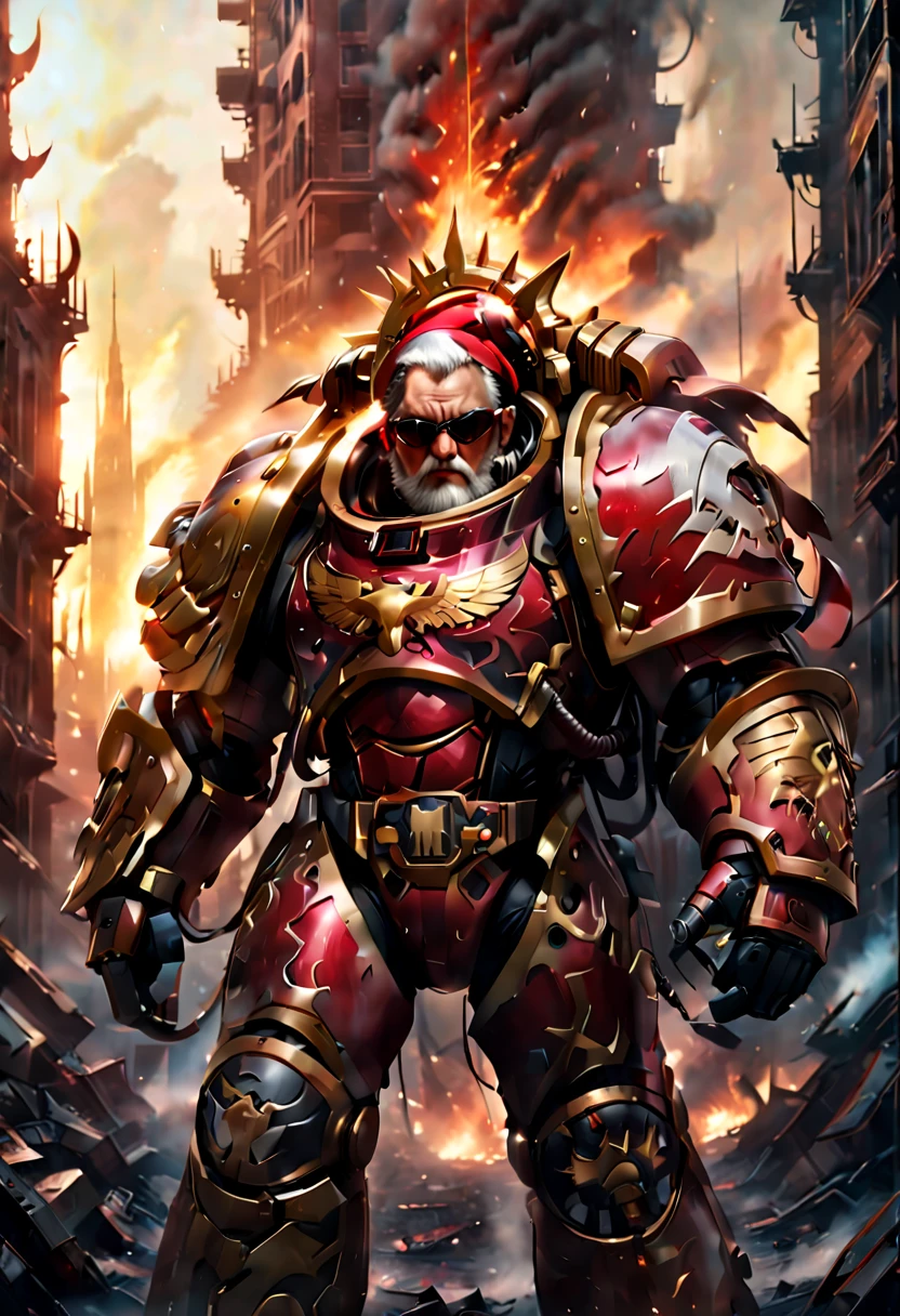 Warhammer 40K universe，santa claus，Mechanical suit of red and gold armor，sparkly red color sunglasses，Intense war-like environment，Destroyed buildings and flames，The background is a futuristic cityscape，Santa hat，severe and threatening atmosphere，Sci-fi cyberpunk aesthetics，High contrast and desaturated tones，Dramatic and dynamic lighting effec quality,4k,highres,masterpiece:1.2),ultra-detailed,(realistic,photorealistic,photo-realistic:1.37)