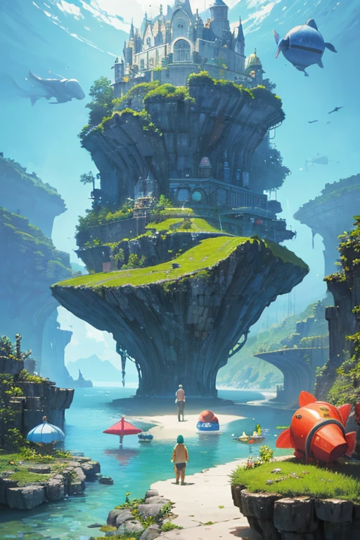 a group of people that are standing in the water, concept art, inspired by Jacek Yerka, big aquarium, katamari damacy, promo image, built around ocean