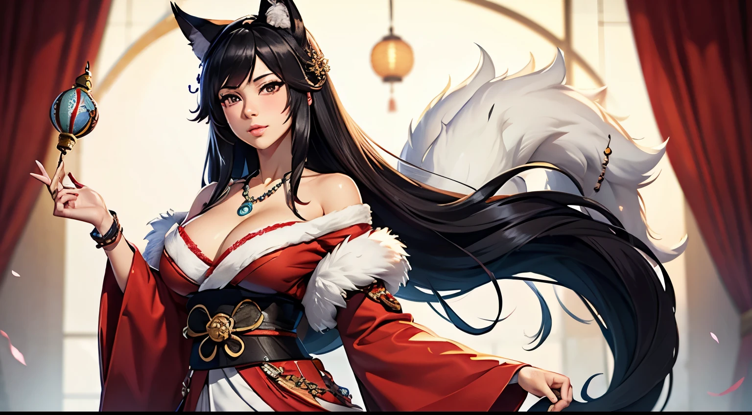 Ahri, 1girl, beads, black hair, blush, brown eyes, cleavage, facial mark, fox ears, fox girl, fox tail, fur-trimmed kimono, fur trim, hair ornament, japanese clothes, jewelry, kimono, long hair, looking at viewer, low neckline, magatama, magatama necklace, nail polish, necklace, skirt, solo, tail, thighs, very long hair, whisker markings,musashi \(azur lane\),(masterpiece:1.4),(best quality:1.4),(