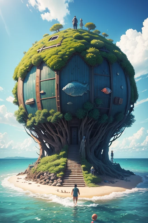 a group of people that are standing in the water, concept art, inspired by Jacek Yerka, big aquarium, katamari damacy, promo image, built around ocean