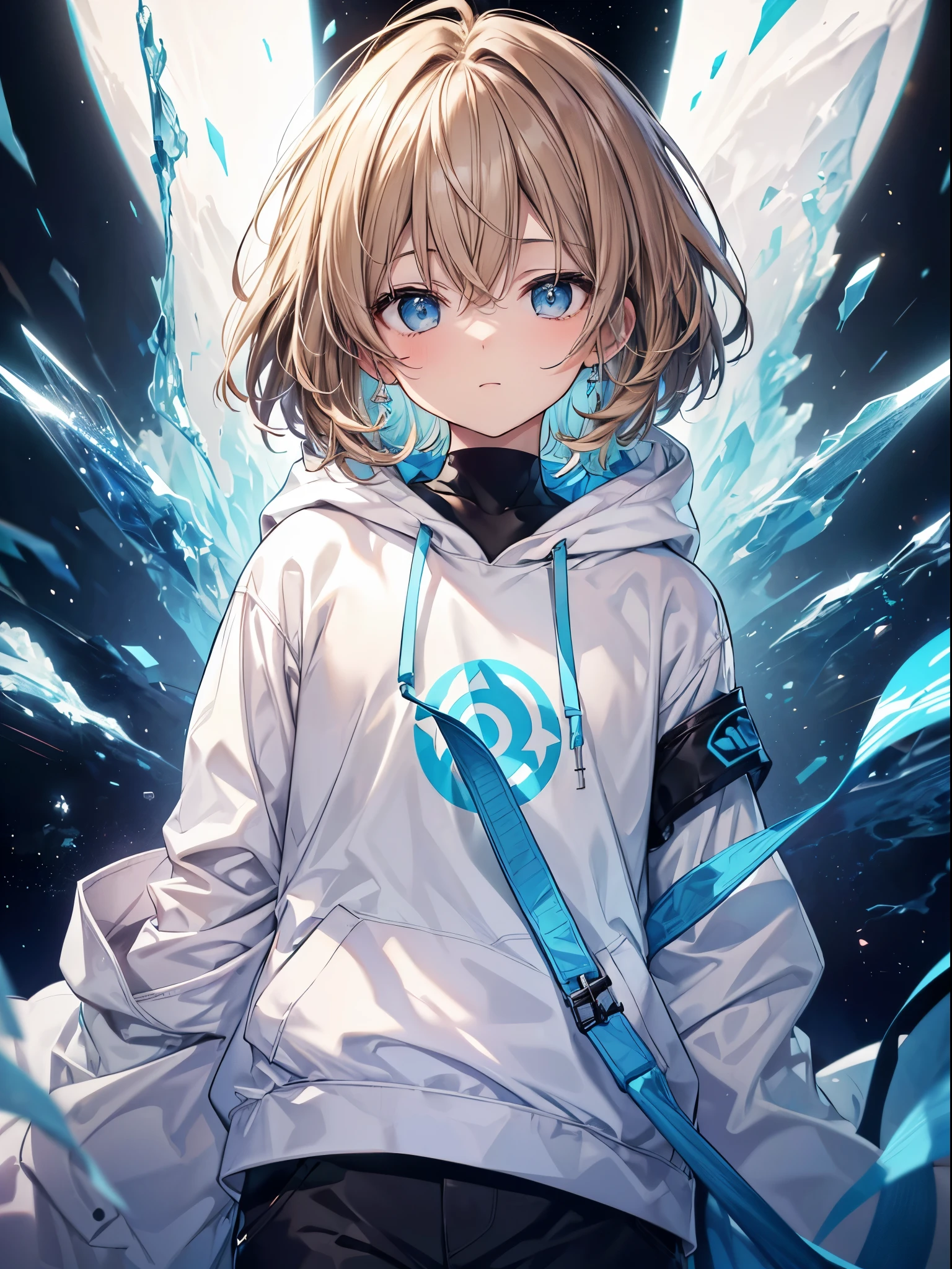 (face perfect:1.1)、(High Detail:1.1)、(("one age guy":1.5))、((full bodyesbian))、((Light brown hair:1.5))、Light blue eyes、takeout、cosmic space、stele々、piece、closes mouth、マスターpiece、Best Quality、White hoodie、Black pants、Based on white and light blue、(View here:1.1)、Near the future、depth of fields、((Two arms))