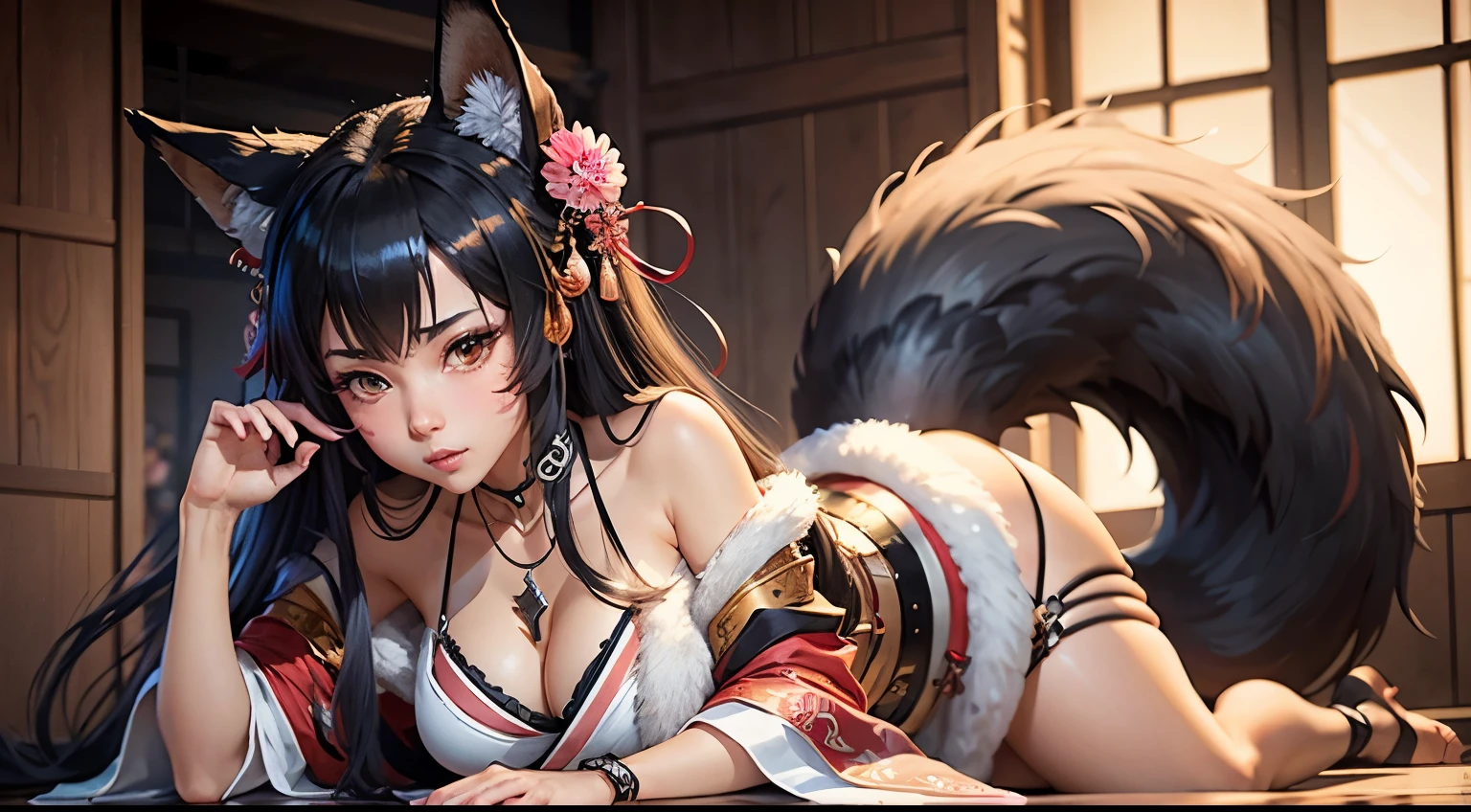 Ahri, 1girl, beads, black hair, blush, brown eyes, cleavage, facial mark, fox ears, fox girl, fox tail, fur-trimmed kimono, fur trim, hair ornament, japanese clothes, jewelry, kimono, long hair, looking at viewer, low neckline, magatama, magatama necklace, nail polish, necklace, skirt, solo, tail, thighs, very long hair, whisker markings,musashi \(azur lane\),(masterpiece:1.4),(best quality:1.4),(