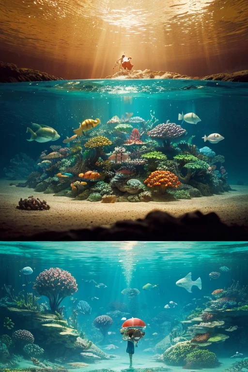 a group of people that are standing in the water, concept art, inspired by Jacek Yerka, big aquarium, katamari damacy, promo image, built around ocean