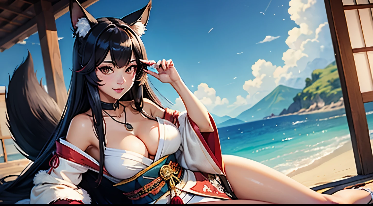 Ahri, 1girl, beads, black hair, blush, brown eyes, cleavage, facial mark, fox ears, fox girl, fox tail, fur-trimmed kimono, fur trim, hair ornament, japanese clothes, jewelry, kimono, long hair, looking at viewer, low neckline, magatama, magatama necklace, nail polish, necklace, skirt, solo, tail, thighs, very long hair, whisker markings,musashi \(azur lane\),(masterpiece:1.4),(best quality:1.4),(