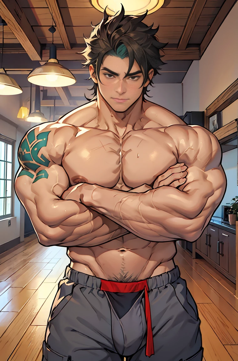 show off thick arms to the audience,huge body shape,The background is an interior with vintage furniture, vintage wooden floors and soft quilts spread throughout.,closeup of arms,Shoulders exposed,Stout arms,Shoulders very broad,Muscles protrude a lot,Bulging crotch,Highest image quality,Pessoas do sexo masculino,Child,1 ,jovem e bonito,Shoun,Cabelo liso curto,Pele escura,Anime peito grande,anime wallpaper,sozinho,Foco Masculino,cuecas,Dilation of the pectoral muscles,capa vermelhirilha saliente,Fundo Urbano,Espalhe as pernas,sexy,(master part, best quality),meias brancas longaotas Red Martin,((Exaggerated bulge of muscles)),