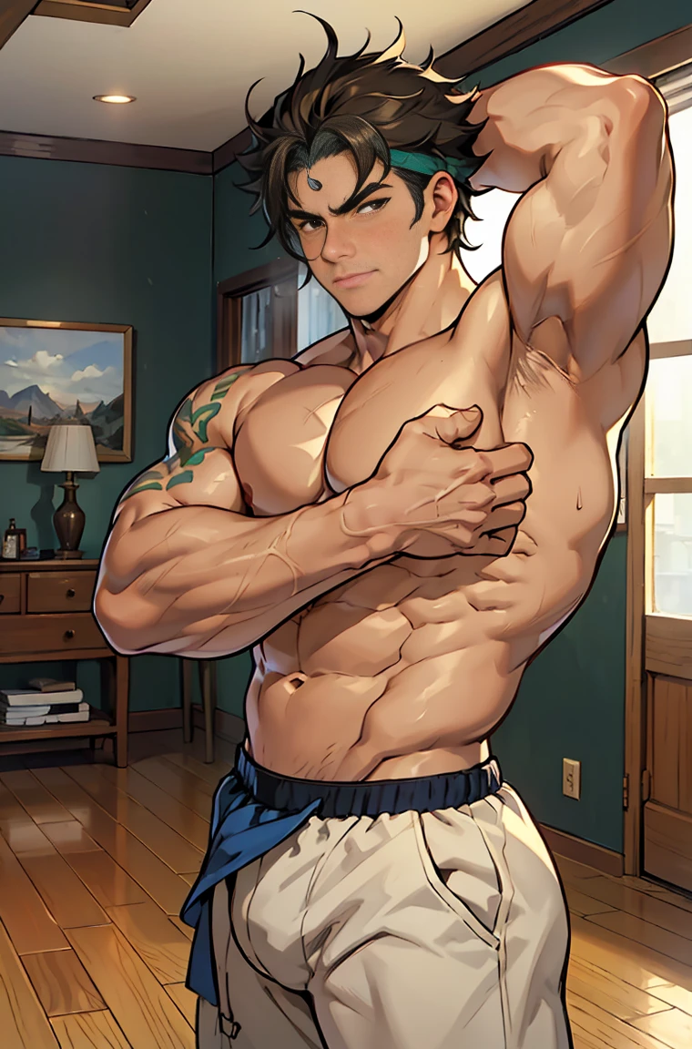 show off thick arms to the audience,huge body shape,The background is an interior with vintage furniture, vintage wooden floors and soft quilts spread throughout.,closeup of arms,Shoulders exposed,Stout arms,Shoulders very broad,Muscles protrude a lot,Bulging crotch,Highest image quality,Pessoas do sexo masculino,Child,1 menino,jovem e bonito,Shoun,Cabelo liso curto,Pele escura,Anime peito grande,anime wallpaper,sozinho,Foco Masculino,cuecas,Dilation of the pectoral muscles,capa vermelhirilha saliente,Fundo Urbano,Espalhe as pernas,sexy,(master part, best quality),meias brancas longaotas Red Martin,((Exaggerated bulge of muscles)),