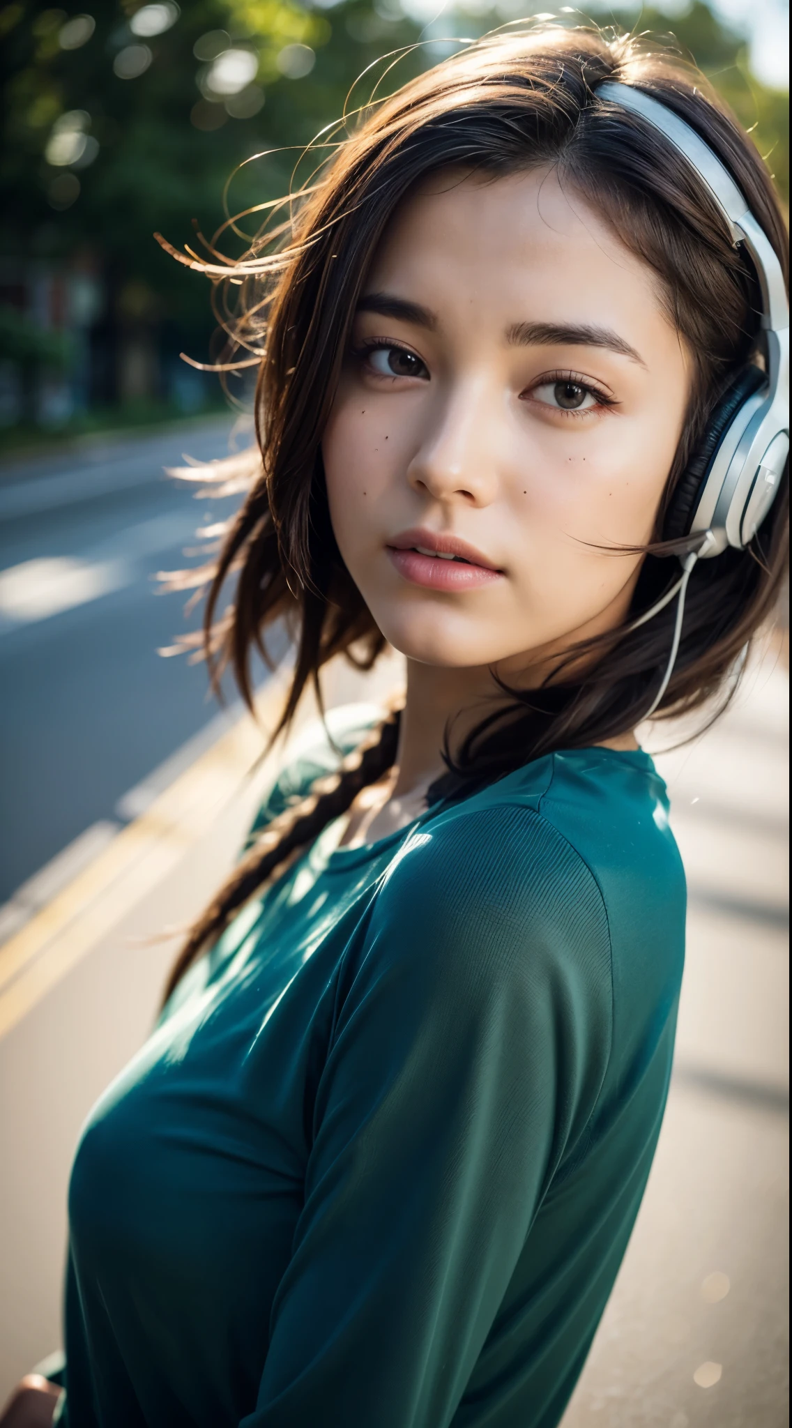 (One Girl),Japan at 25,Medium black hair with some green highlights、 I have a few freckles、Nipples are visible、Small areola、Standing full-body photo、White headphones with a complex shape,in the abandoned building、Night Photo、Great face and eyes, ((Highest quality)), (Super detailed), (Very detailed CG 統合 8k 壁紙), Very detailed, High-resolution RAW color photos, Professional photography,