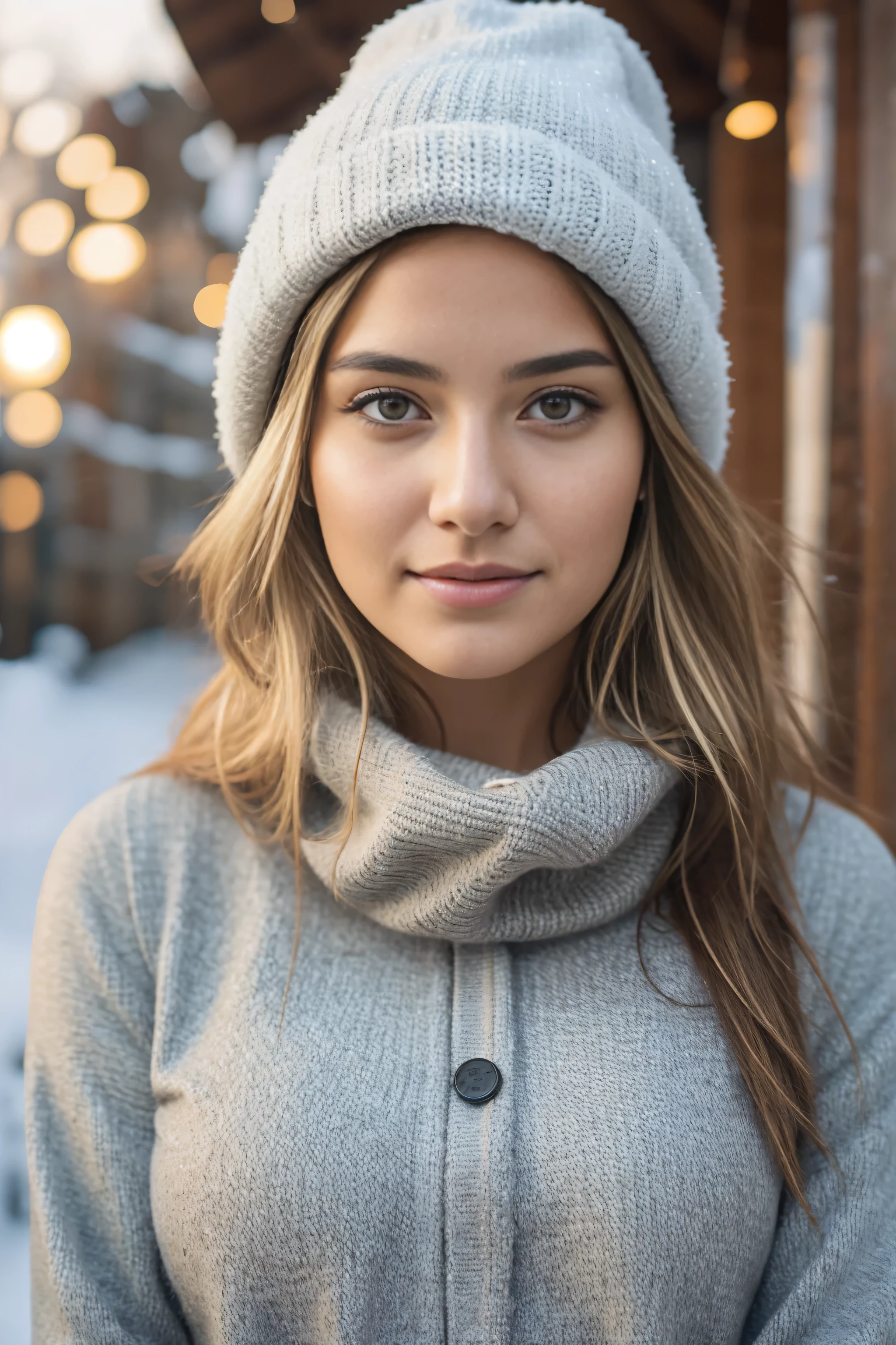 1girl 16 year old, solo, big breasts, facing viewer, she is looking away from view, blonde hair, brown eyes, jewelry, full body, lips, realistic, nose, flirting with camera, sexy, realistic, high detail, 4k photo, high detail,, sexy perfect anatomy, perfect symmetry, soft lights, outside, wintery scene, cold, snow,, high details, photo quality, super real, winter outfit, warm hat on, half smile, smirk