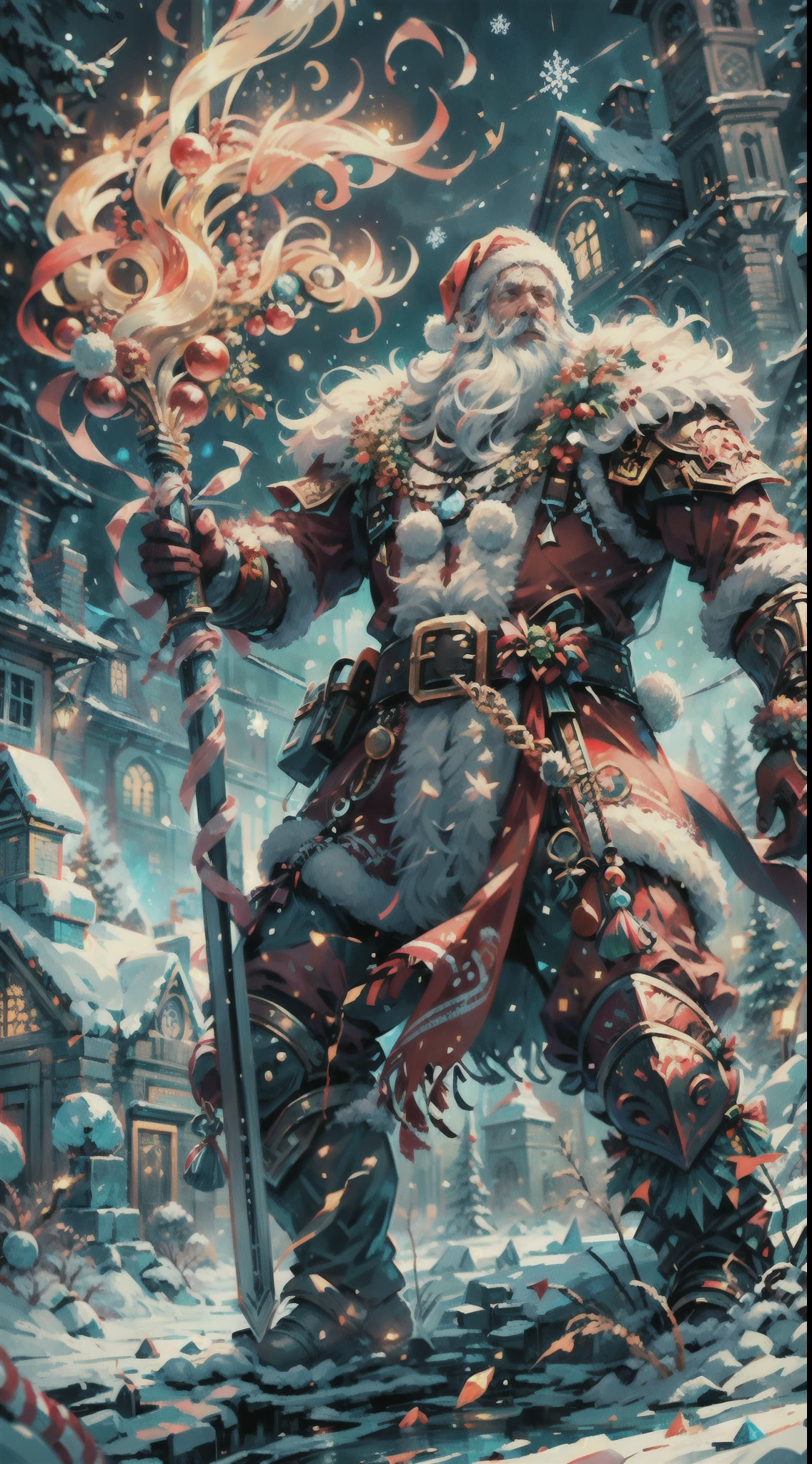 Santa Claus as the boss of the game "Dark Souls" in the Christmas DLC,best quality,4k,8k,highres,masterpiece:1.2,ultra-detailed,realistic:1.37,[HDR],[UHD],[studio lighting],extremely detailed face,beautiful detailed eyes,beautiful detailed lips,long eyelashes,[physically-based rendering],powerful physique,wearing a red and white armor suit with intricate designs,[imposing presence],holding a mighty candy cane [greatsword],surrounded by a snowy landscape,with large icicles hanging from the environment,casting a golden aura,[epic battle scene],intense fire and smoke effects,[vivid colorokeh],blue and white color scheme with hints of gold, dramatic lighting with warm highlights and cool shadows.