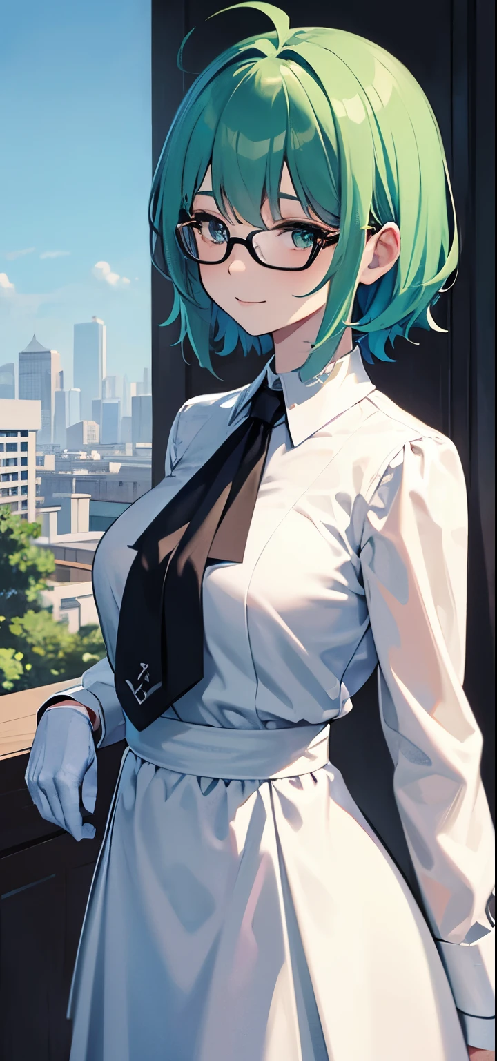 ((masterpiece,best quality)),8k wallpaper,1girl, solo, 53 years old, milf, teal and green hair, messy hair, asymmetrical hair, ahoge, very short hair, aqua eyes, medium breasts, pale skin, glasses, dress, looking at viewer, long sleeves, standing, building, white dress, gloves, hair ornament, black jacket, smile, floating hair, dutch angle, closed mouth, looking away, outdoors