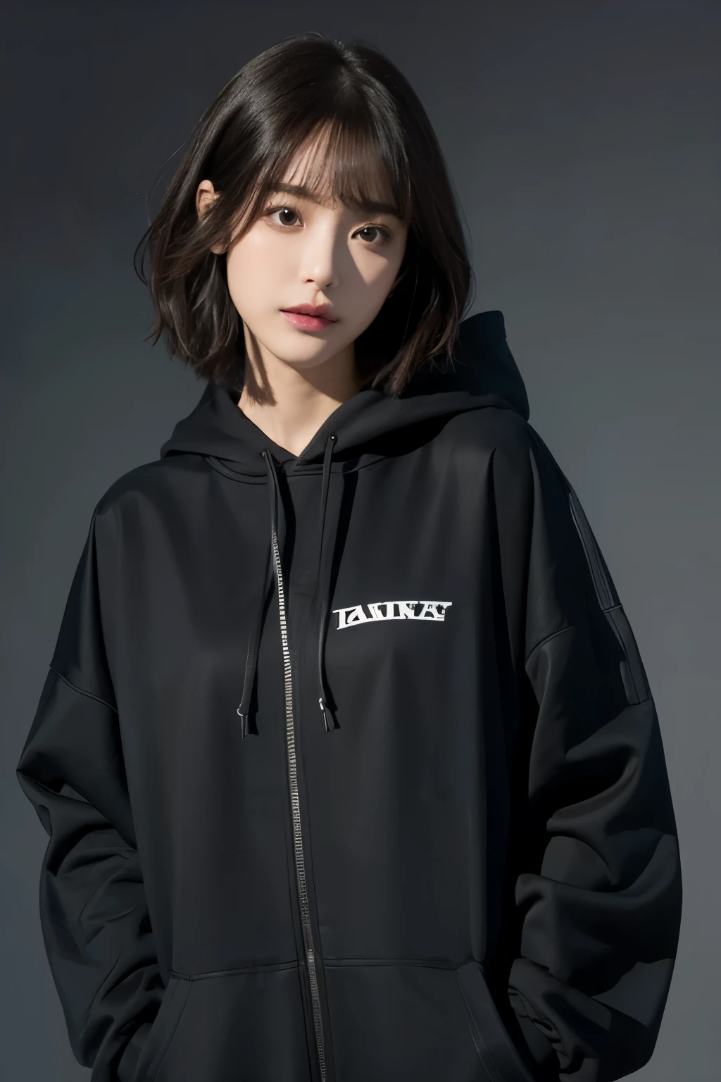 A girl with short black hair and messy bangs wearing an oversized black jacket hoodie is the main subject of the painting. Her hair is medium short and she has a thin and skinny figure. The emphasis is on creating a realistic depiction of a female with pale skin, highlighting her Asian and Japanese features.

The artwork should be of the best quality and have a high resolution, such as 4k or 8k, to capture every detail. It must be ultra-detailed and strive for a photorealistic appearance. The colors should be vivid and the lighting should create a natural and flattering effect on the girl's features.

In terms of art style, the painting should lean towards portraiture, focusing on capturing the girl's facial features and expression. The emphasis should be on creating a lifelike representation with exceptional attention to detail. The painting should also have a hint of a concept art feel, showcasing a unique and intriguing interpretation of the subject.

The overall color tone of the painting should be cool, with a leaning towards darker hues to create a moody and mysterious atmosphere. The lighting should enhance this atmosphere, with subtle play of shadows and highlights to add depth and dimension to the girl's face.

Please ensure that the prompt aligns with the given theme of "short hair, black hair, messy bangs, medium short hair, female, girl, oversized black jacket hoodie, realistic, asian, japanese, skinny, thin, pale skin."