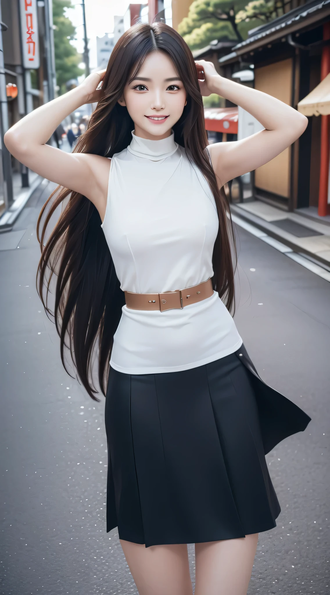 (Refreshing smile:1.5),(Look at viewers:1.1）,（hide one's hands:2.0）,(Beautiful Japan Woman）,（straight haired, Long hair, Hair fluttering in the wind:1.2), （ High neck sleeveless , tight skirts:1.5), （high-heels;1.3), detailed  clothes, (Perfect female body), (Narrow waist:1.3), (Bust Up Portrait:1.3),   Dynamic Pose, Cinematic Light, 135 mm, Fuji Film,