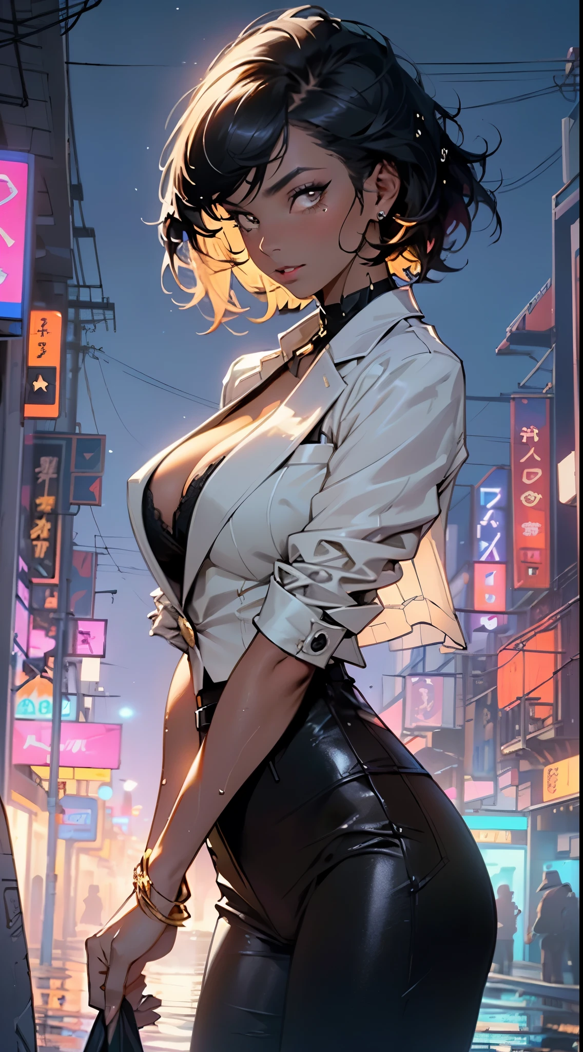 Transcendently Beautiful Girl, (masterpiece face, masterpiece eyes:1.5), (pixie cut hair:1.3), (black hair, short shaved sides, very short back, very short side, under cut, side cut:1.3), (long eyelashes, red lips), (deep skin, dark skin:1.5), Flat_Chest, very big breasts, very big buttocks, thick thighs, (five fingers, 4fingers and 1thumb), BREAK, public indecency, (half-undress, long coat), (extremely detailed lace, underwear, bra, panties), (garter belt, stockings), embarrassed, choker, outdoors, alley, day, Masterpiece, best quality, captures a super cute moment, depth of field, ultra detailed, ultra high resolution, C4D, Octadale, 3D modeling, 8k, 16k,