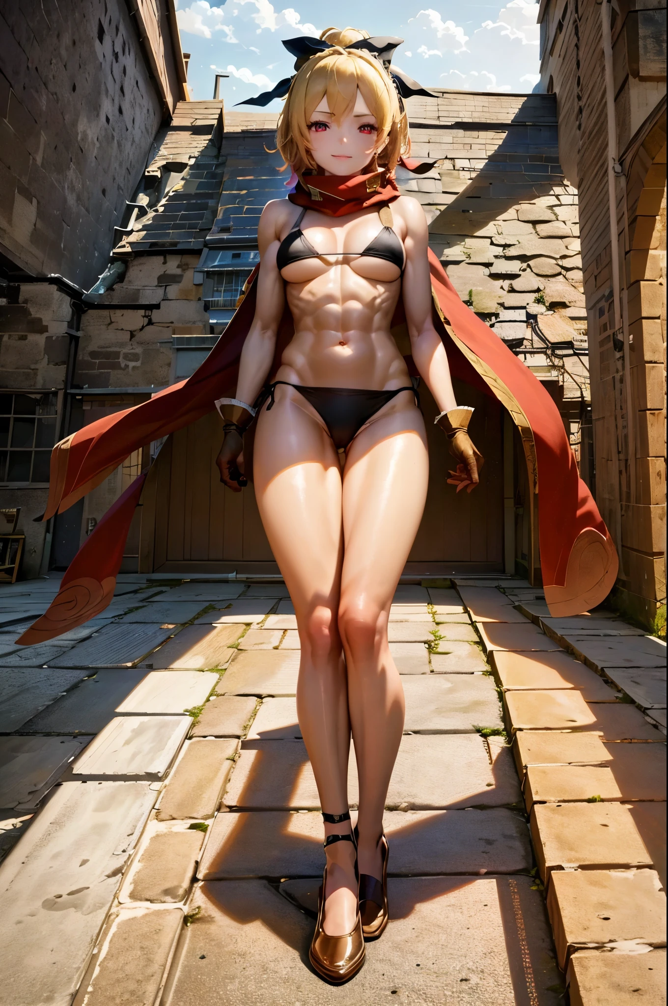 best quality, 4k, ((masterpiece)), extremely detailed, 8k, Trending on ArtStation, intricate, very high details, sharp focus, detailed background, (Fantasy City: 1.4), Roof, 1girl, floor, navel, ( blonde hair), red eyes, hair bow, red scarf, braid, short hair, small breasts, Looking at viewer, smile, belly, blonde hair, {{{very short and sexy bikini}}}, (wearing black panties very short ), Gloves, Brown gloves, (muscular legs), (standing), (((on her back showing her ass to me)))