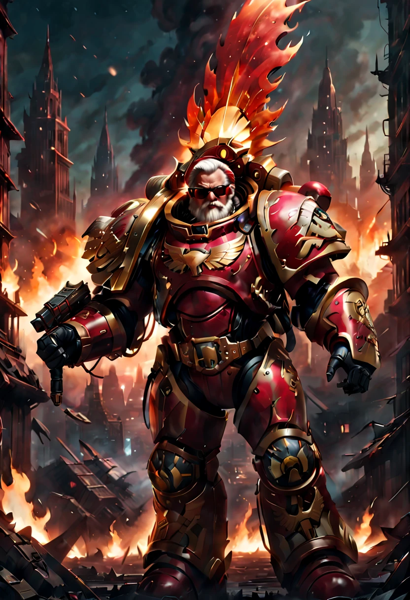 Warhammer 40K universe,santa claus,Mechanical suit of red and gold armor,sparkly red color sunglasses,Intense war-like environment,Destroyed buildings and flames,The background is a futuristic cityscape,Santa hat,severe and threatening atmosphere,Sci-fi cyberpunk aesthetics,High contrast and desaturated tones,Dramatic and dynamic lighting effec quality,4k,highres,masterpiece:1.2),ultra-detailed,(realistic,photorealistic,photo-realistic:1.37)