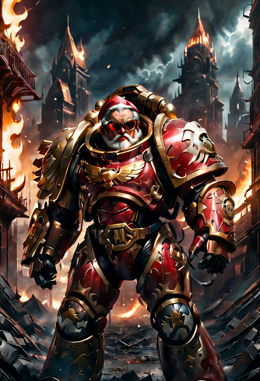 Warhammer 40K universe,santa claus,Mechanical suit of red and gold armor,sparkly red color sunglasses,Intense war-like environment,Destroyed buildings and flames,The background is a futuristic cityscape,Santa hat,severe and threatening atmosphere,Sci-fi cyberpunk aesthetics,High contrast and desaturated tones,Dramatic and dynamic lighting effec quality,4k,highres,masterpiece:1.2),ultra-detailed,(realistic,photorealistic,photo-realistic:1.37)