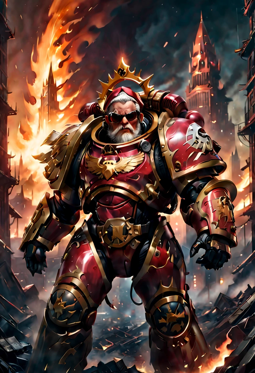 Warhammer 40K universe,santa claus,Mechanical suit of red and gold armor,sparkly red color sunglasses,Intense war-like environment,Destroyed buildings and flames,The background is a futuristic cityscape,Santa hat,severe and threatening atmosphere,Sci-fi cyberpunk aesthetics,High contrast and desaturated tones,Dramatic and dynamic lighting effec quality,4k,highres,masterpiece:1.2),ultra-detailed,(realistic,photorealistic,photo-realistic:1.37)
