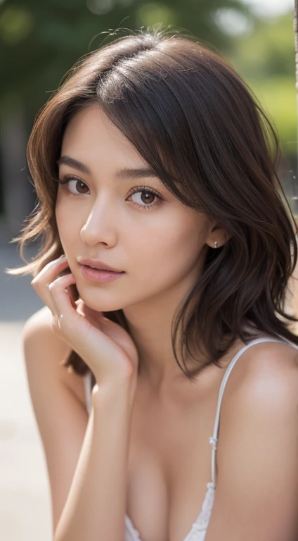 ((hair messy)),masutepiece , Best Quality, Ultra-detailed, Raw photo, Extremely delicate and beautiful,High resolution, 1girl in, 25 years old, Beautiful girl in Japan, Small breasts, Plump lips, Wavy Hair,Short hair, I have one small mole under my eye, Detailed eyes,detailed facial features, detailed arms,Detailed fingers,detailed legged pajamas))