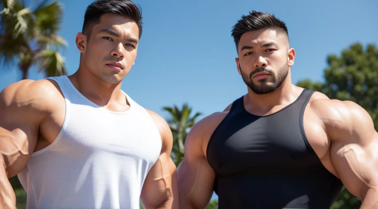 (Very detailed 8k wallpaper), two asian men, muscle worship, arms folded, On the playground, high detailing, buzzcut, very large and strong body, bulging muscles, well-muscled, very large pectoral muscles. Very sexy abs, legs are well-muscledの, Toned figure, lightens oily skin, well-muscledの, Tank top, T-shirt, longshot, Wide Shot