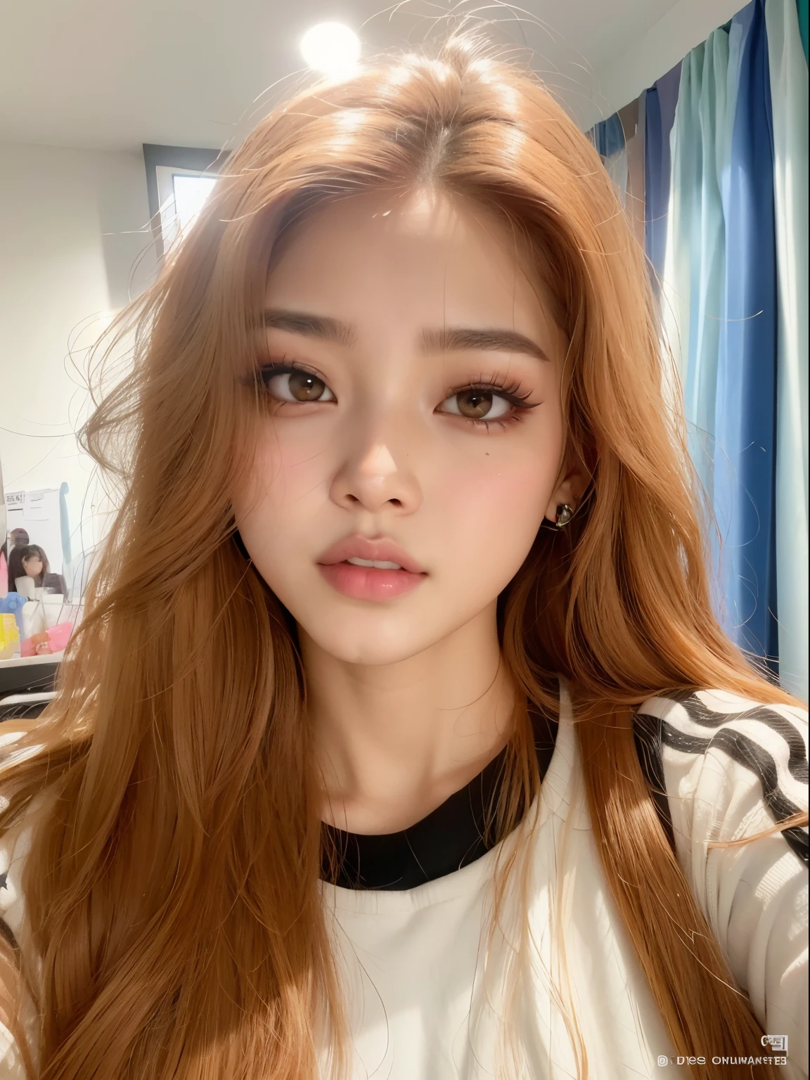 um close up de uma mulher com longos cabelos ruivos e uma camisa branca, portrait of jossi do blackpink, jennie blackpink, Parque Roseanne do Blackpink, jossi do blackpink, Lalisa Manobal, Lalisa Manoban do Blackpink, maquiagem sul-coreana popular, com rosto redondo, tzuyu de duas vezes, menina coreana, wan adorable korean face