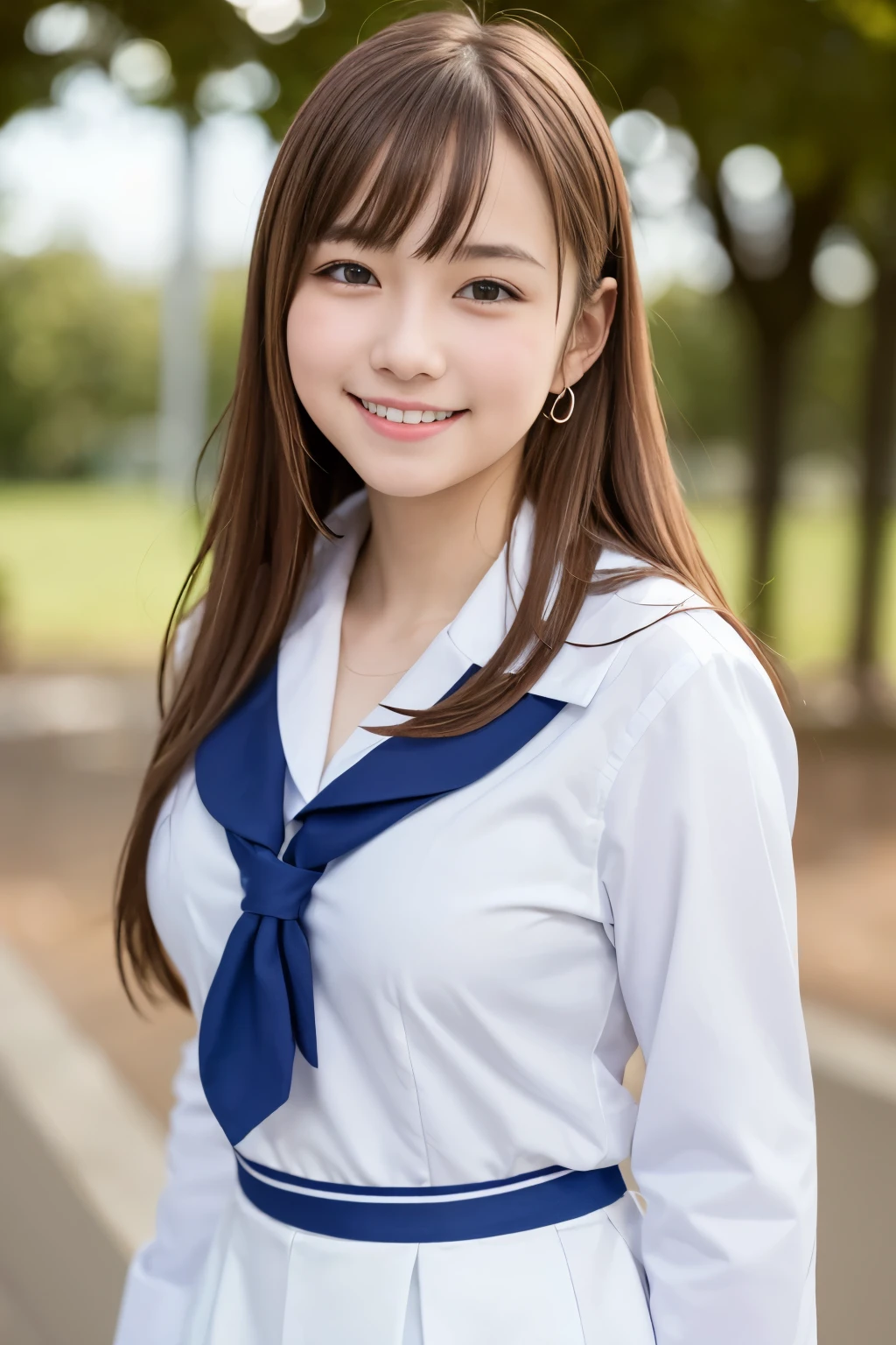 1girl, cute, 16 years old, smiling, look at viewer, sailor uniform, seifuku, photo, realistic, best quality, hires, detailed face, classroom, detailed background, diffused lighting, depth of field, bokeh