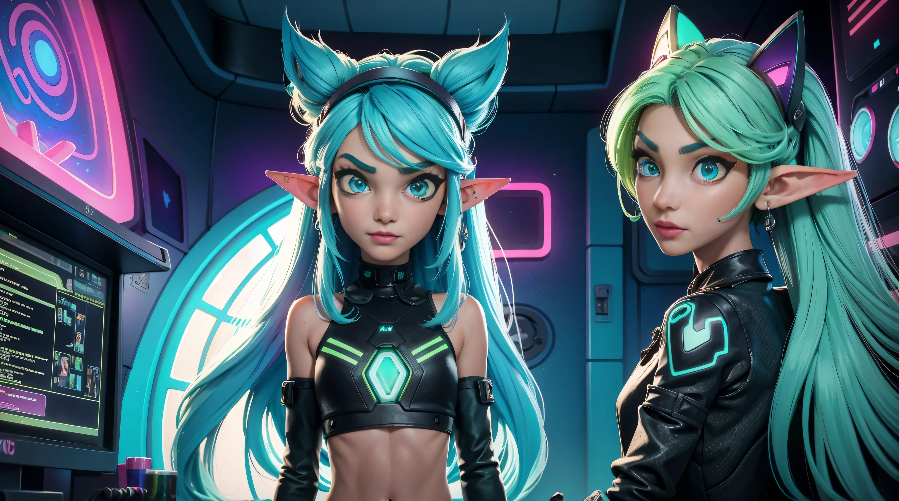 fractal sunset, infinite clouds, cute elf girl, 2 girls, extremely long neon light blue hair, cyber outfit, extreme abs, artistic style, cat ears, space tentacles, dramatic, nude, naked, no clothes, hugging, kissing, cosmic wonders, cute, transcedental magical space, beautiful girl, cute face, extreme abs, skinny, perfect body, cat ears, elf, secret laboratory, genetic experiments, naked, nude, no clothes, cyberpunk, elf girl, cat ears, neon green hair, wings, electronic wings, cute face, city, lightning strike, dramatic, bikini, cyber robot companion sphere, a cute elf girl, cute face, on a beach, lying down, cat ears, neon red and black hair, extreme abs, lens flare, beautiful scene, cluttered scene, sea shells, palm trees, ornamental, detailed, spirit animal, glowing, starlight, divine, complex scene, cluttered scene, spirit animal, divine animal, glowing ancient symbols of wisdom, neurotic, summoning circle, ritual of fertility,two beautiful skinny girls, kissing and cuddling playing together, transparent jacket, space buns,