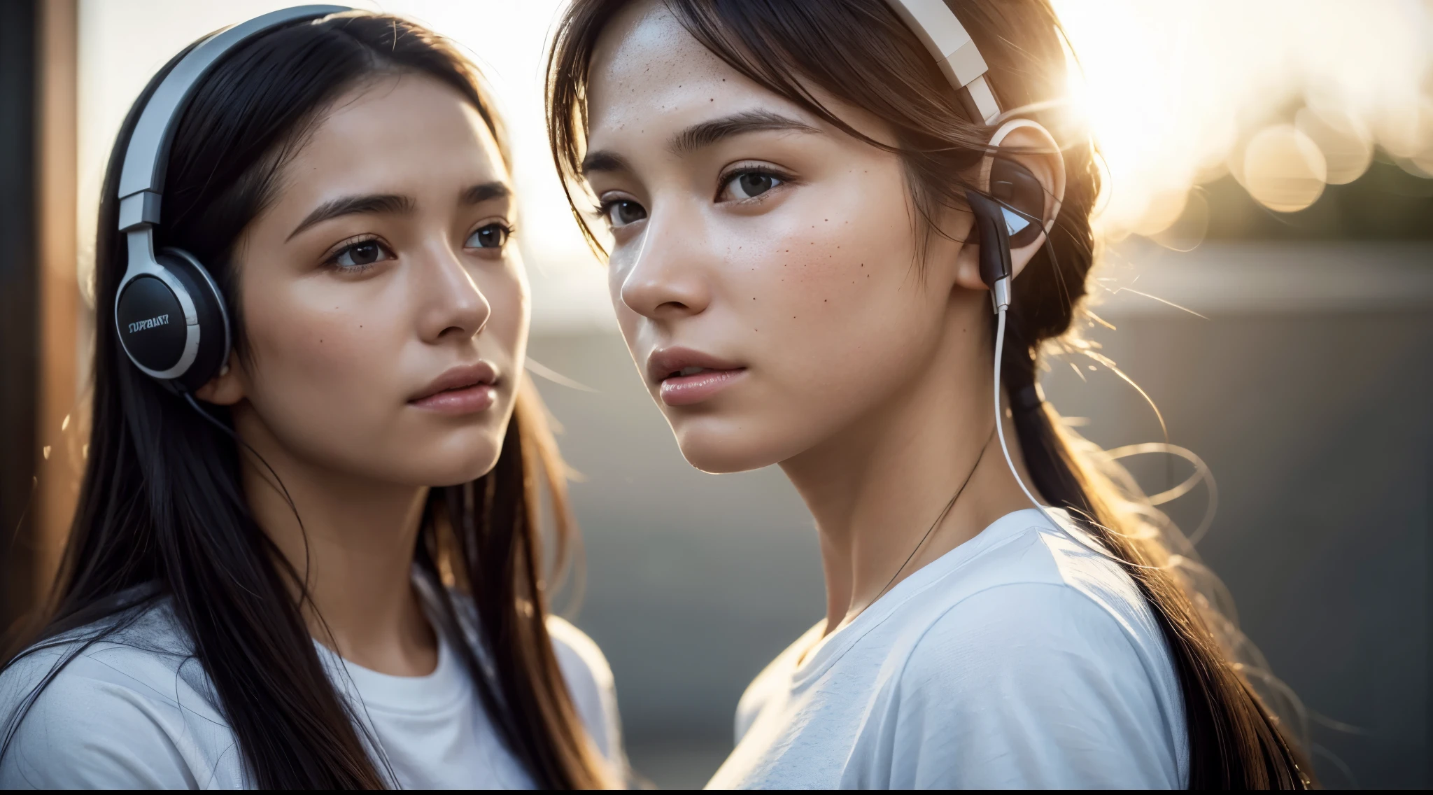 dressed, (photo realistic:1.4), (hyper realistic:1.4), (realistic:1.3), (smoother lighting:1.05), (increase cinematic lighting quality:0.9), 32K, 1girl,20yo girl, realistic lighting, backlighting, light on face, ray trace, (brightening light:1.2), (Increase quality:1.4), (best quality real texture skin:1.4), finely detailed eyes, finely detailed face, finely quality eyes, (tired and sleepy and satisfied:0.0), face closeup, t-shirts with headphones, (Increase body line mood:1.1), (Increase skin texture beauty:1.1)