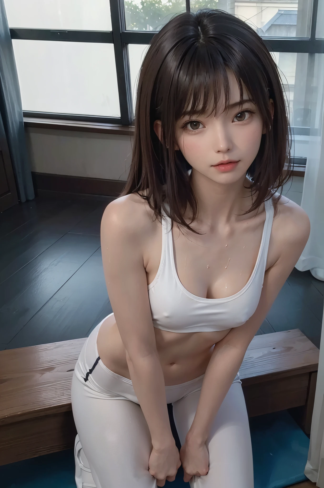 (official art、Best Quality、Unity 8k Wallpapers、32K、 masterpiece、ultra-detailliert、high resolution、realisitic、Photorealsitic:1.2)、(natural soft light:1.2)、Fireglow effect、film grains、Best Shadows、Rim lighting、side lights、(Ultra-detailed and complex 3D rendering)、Detailed beautiful face and eyes,cowboy shot,(1woman,solo),20-year-old beauty、japanes、dark brown hair,(long hair:1.3),,((gleaming skin:1.2,sweat:1.4),((smaller head:1.4,skinny:1.5,Slender waist circumference:1.5,,ideal ratio body proportions:1.5,small breasts:1.3)),gym wear、crouching down、Stretching exercises、gym