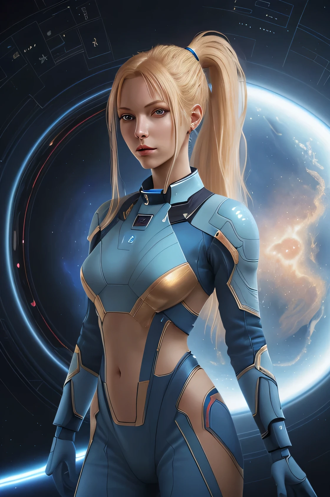beautiful pleiadian woman standing in the space station, highly detailed, digital painting, art station, concept art, smooth, sharp focus, illustration, electric light blue and red eye pupils, blonde golden hair back to one ponytail