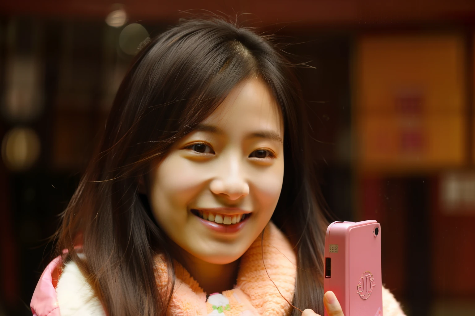 smiling woman in a pink jacket holding a cell phone, qiu fang, yun ling, gemma chen, joy ang, katherine lam, wenfei ye, jen zee, lulu chen, mei-ling zhou, wu liu, portrait of christy ren, lei min, kamwei fong, xintong chen, louise zhang, li zixin, kan liu