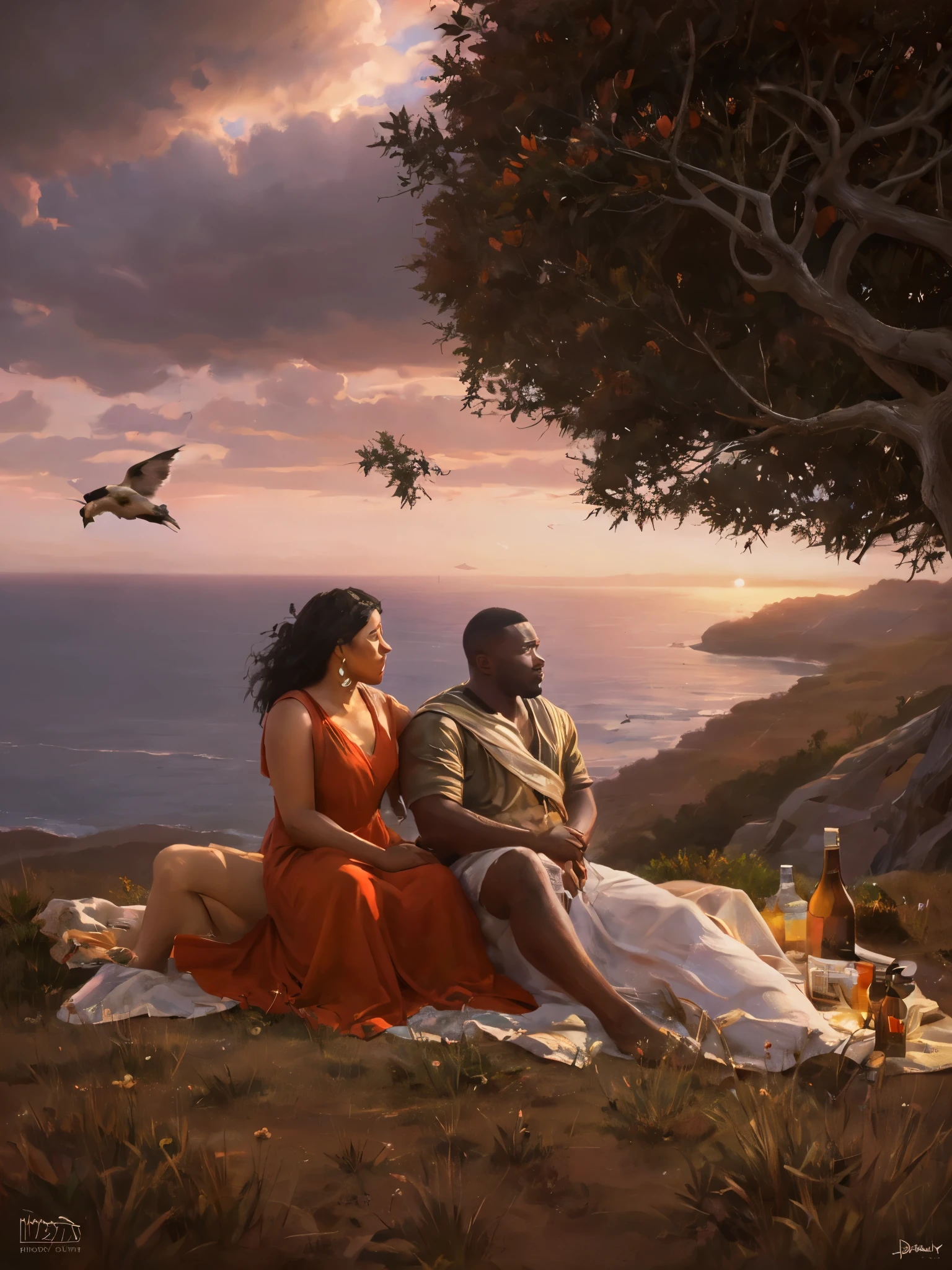 Photograph of a 23 year old full-figured Latina woman and a 25 year old very dark-skinned african-american man having an intimate picnic on a cliff while watching the sunset over the ocean. She is wearing a red sundress with white trim and red high heels. Birds flying in the background., perspective, cinematic lighting, depth of field, reflection light, backlighting, UHD, masterpiece, anatomically correct, textured skin, super detail, 8k
