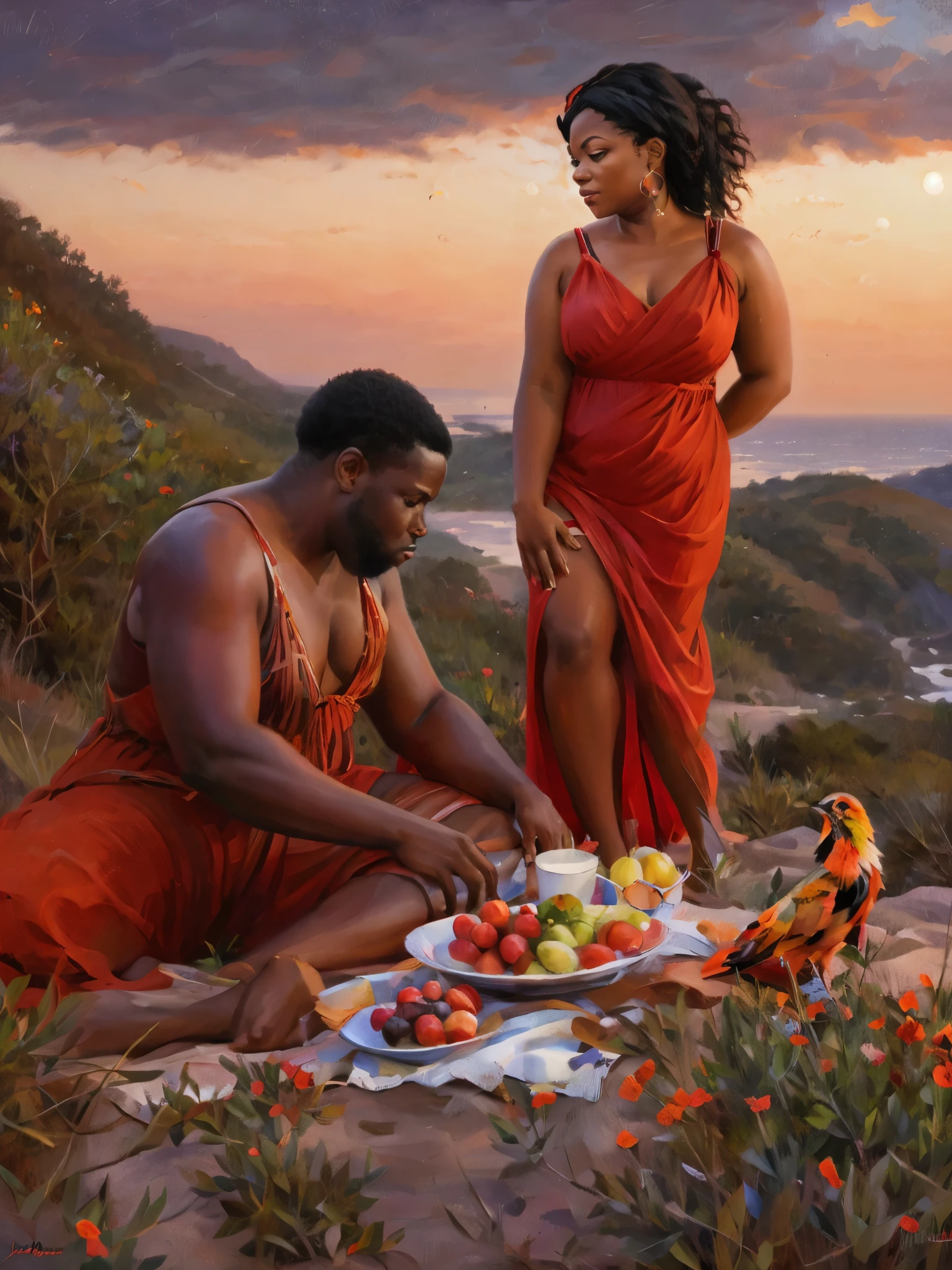 Photograph of a 23 year old full-figured Latina woman and a 25 year old very dark-skinned african-american man having an intimate picnic on a cliff while watching the sunset over the ocean. She is wearing a red sundress with white trim and red high heels. Birds flying in the background., perspective, cinematic lighting, depth of field, reflection light, backlighting, UHD, masterpiece, anatomically correct, textured skin, super detail, 8k