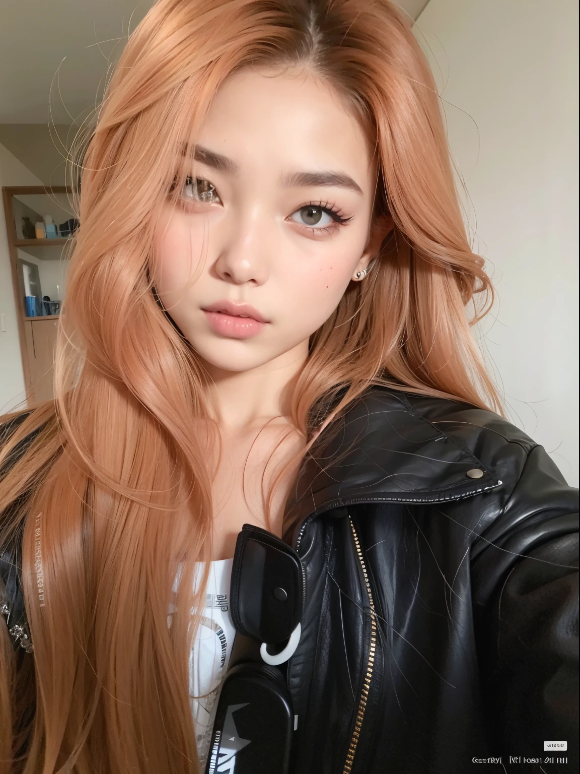 mulher arafa com longos cabelos ruivos vestindo uma jaqueta preta, portrait of jossi do blackpink, jossi do blackpink, Parque Roseanne do Blackpink, ela tem cabelos longos e redorange, Ela tem longos cabelos castanhos alaranjados, Ulzzang, com cabelos longos, com cabelos longos brancos, Her skin is light brown, menina coreana, com cabelos longos and piercing eyes