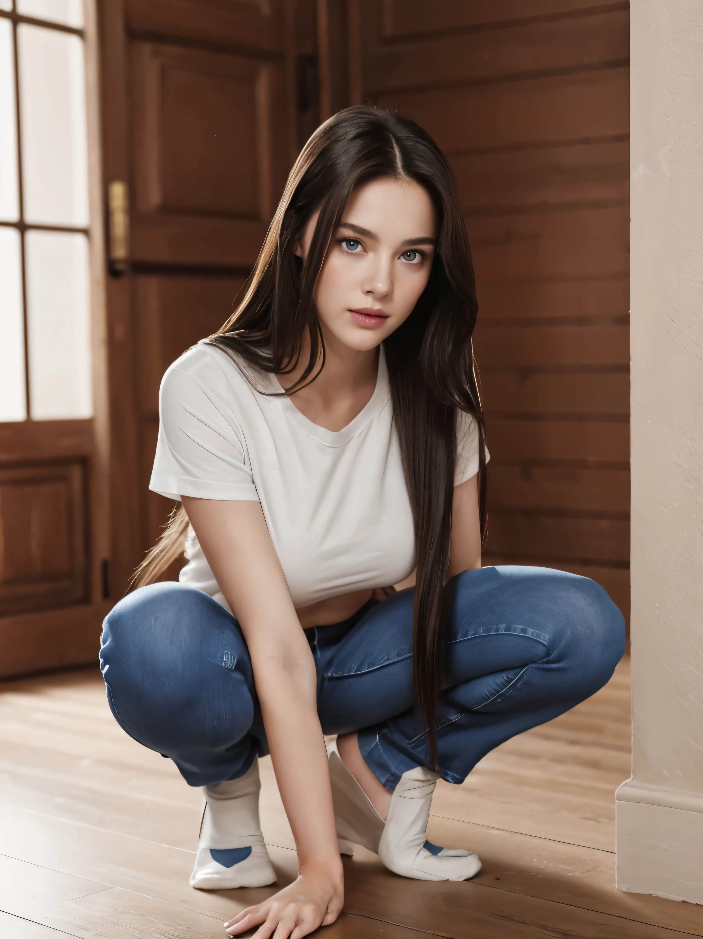 A woman with long hair and blue eyes knelt with her hands on the ground..., The hands behind her body Pose.!, Pose, It has big breasts..,Wear a thin white t-shirt... Jeans, Full body fun Pose, perfect hands, various Poses, outline!!!, Full body Pose, Beautiful Asian girl squatting, All different body views,