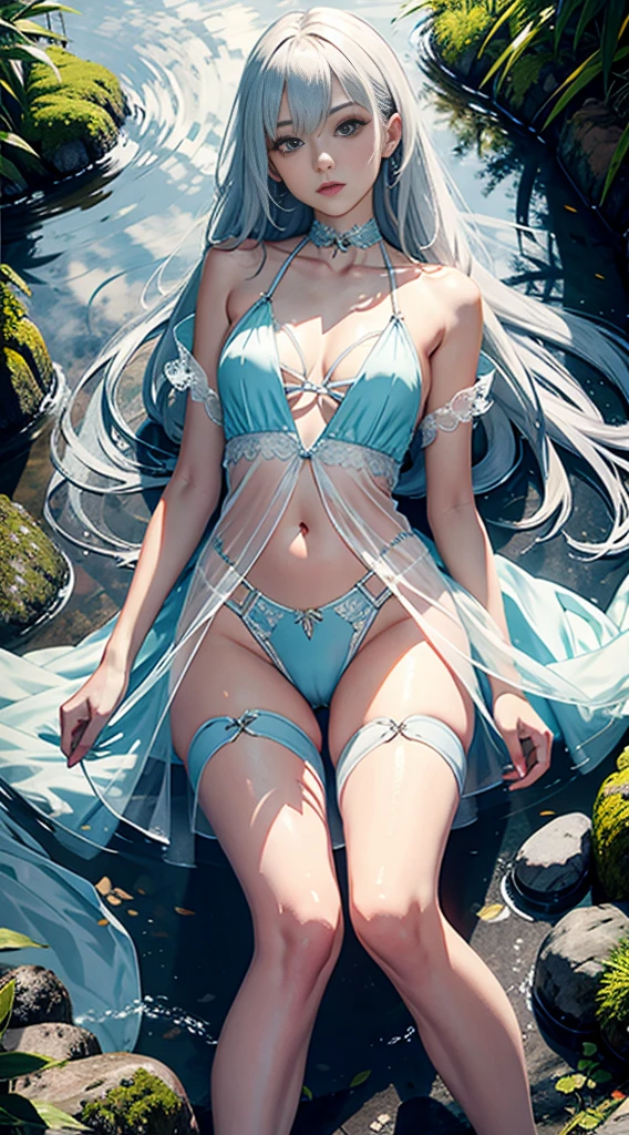 A little fairy,see-through transparent clothes,Long white hair,Super big chest,There is a seam in the middle of the crotch,8k,lying in water,legs separated,
