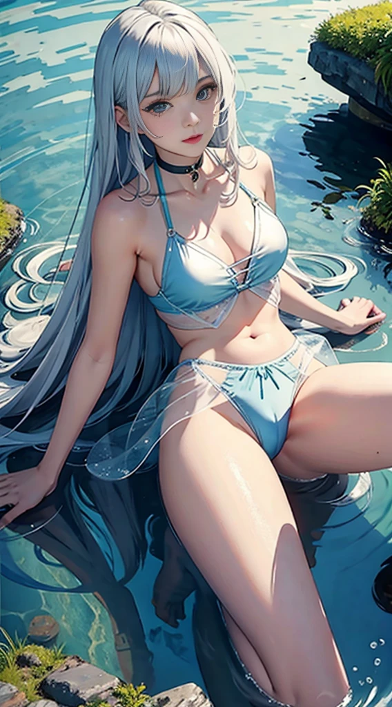 A little fairy，see-through transparent clothes，Long white hair，Super big chest，There is a seam in the middle of the crotch，8k，lying in water，legs separated，