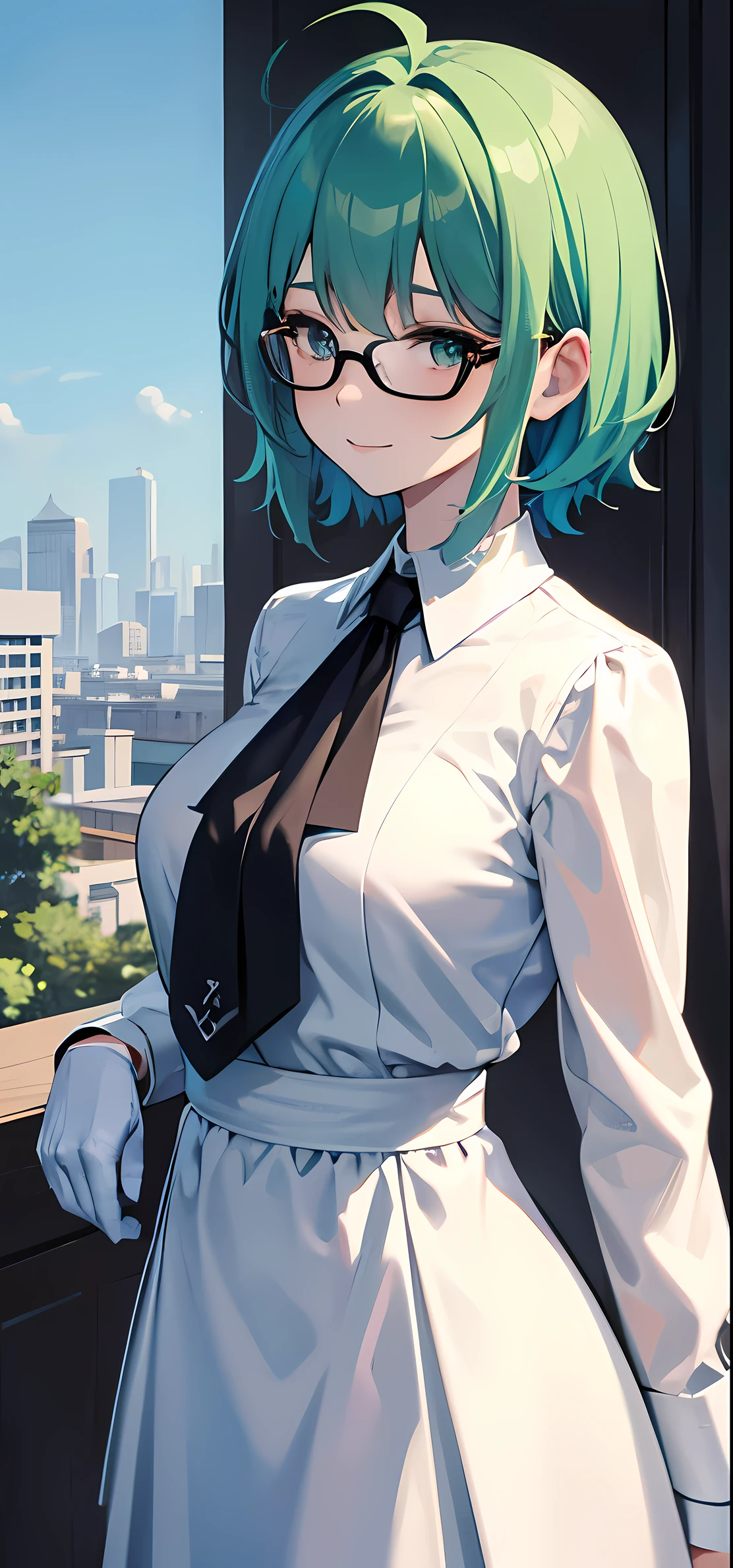 ((masterpiece,best quality)),8k wallpaper,1girl, solo, 53 years old, milf, teal and green hair, messy hair, asymmetrical hair, ahoge, very short hair, aqua eyes, medium breasts, pale skin, glasses, dress, looking at viewer, long sleeves, standing, building, white dress, gloves, hair ornament, black jacket, smile, floating hair, dutch angle, closed mouth, looking away, outdoors