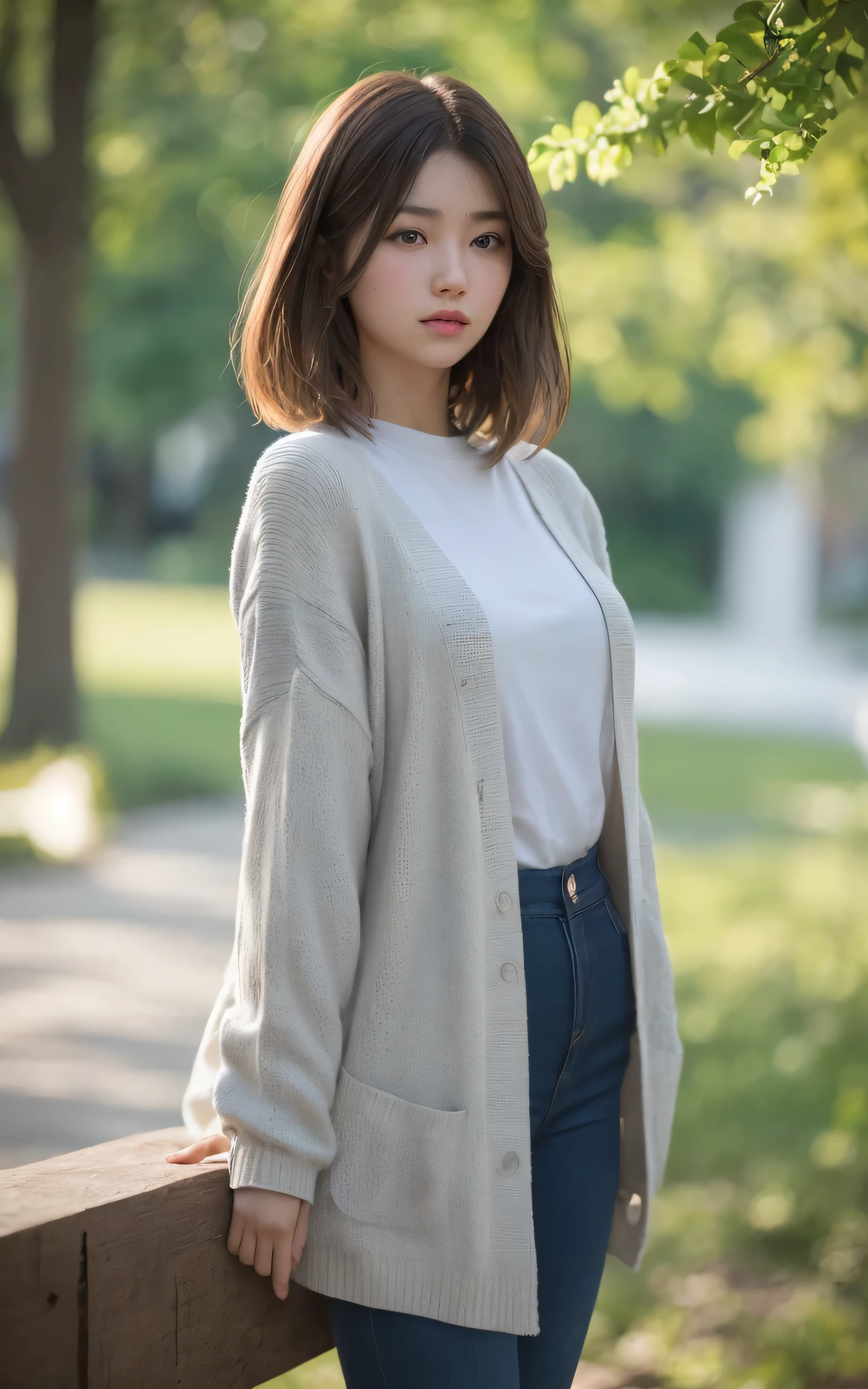 masutepiece, Best Quality, 8K, 1 girl, Right human hands, Correct human finger, japanaese girl, gros-plan, Cute, Girly, Delicate girl, Neat and clean beauty, medium breasts, Sexy lips, Luminescent, Looking away, Raw photo, F/1.8, 135 mm, NIKON, Anatomically correct, Bokeh,Textured skin, Professional Photography, Portrait, Soft light, Professional Lighting, Back Light, boobs film grain, (Eyes and faces with detailed:1.0), Brown hair, Medium hair swaying in the wind, T-shirt, Cardigan