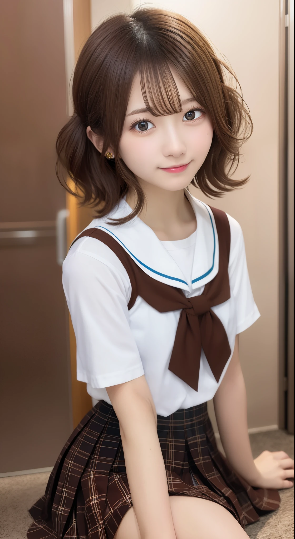 kumiko oumae, (Brown eyes:1.5), Brown hair, Short hair, Wavy Hair, 
BREAK blue Skirt, 手链, kitauji high School uniform, neckerchief, pink neckerchief, pleated Skirt, School uniform, serafuku, Shirt, Short sleeves, Skirt, white Shirt,
BREAK looking at viewer,
BREAK indoors, crass room,
BREAK (masutepiece:1.2), Best Quality, High resolution, Unity 8k壁纸, extra detailed face, Perfect Lighting, extremely details CG, (Perfect hands, Perfect Anatomy),A smile