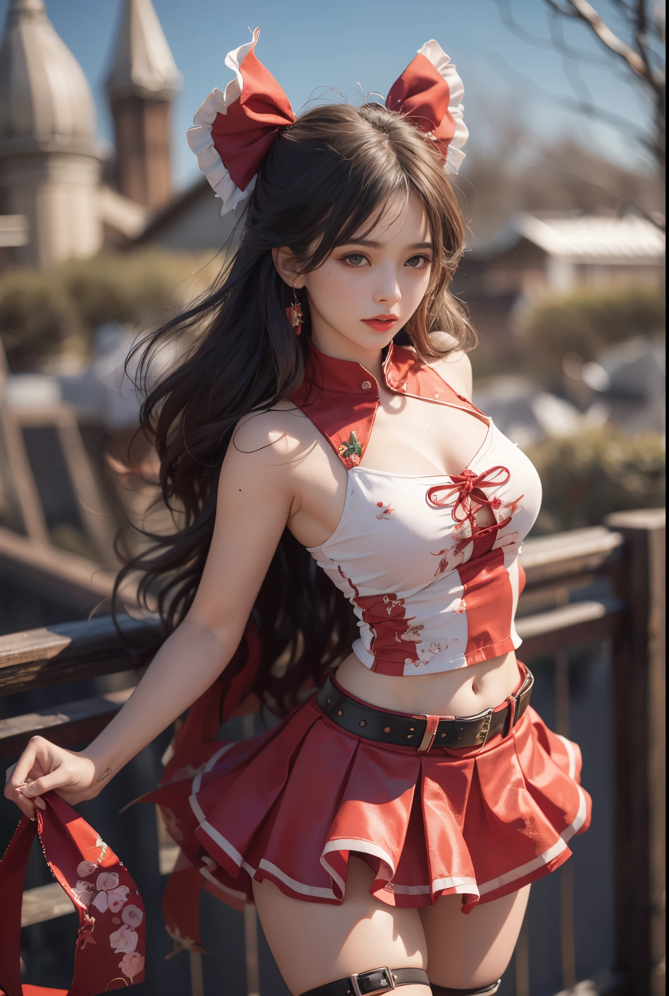 ((Borei Reimu)), ((Proyecto Touhou)), cosplay, (rubia), ((Cabello extra largo con flequillo)), (cola de caballo)), ((red ribbon)), ((falda roja muy corta)), ((She wears a gorgeous mini skirt)), (Pecho medio), (Ropa abierta), (sin mangas), ((ombligo)), (Pausa), (Sonrisa del diablo), (santuario), 18-year-old female model, Modelo de chica esvelta, ((musculosa))), ((caderas muy anchas)), ((muslos muy gruesos)), toma de cuerpo completo, ((ella tiene el cabello rubio)), ((ella lleva unos hermosos botines rojos)), toma desde arriba a la distancia